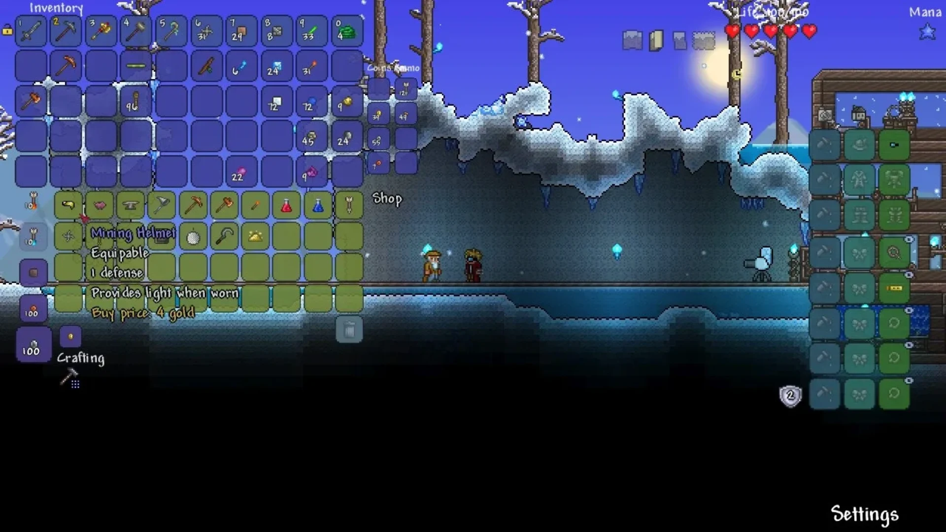 Terraria gameplay in a snowy biome with the inventory and shop interfaces open beside two characters.