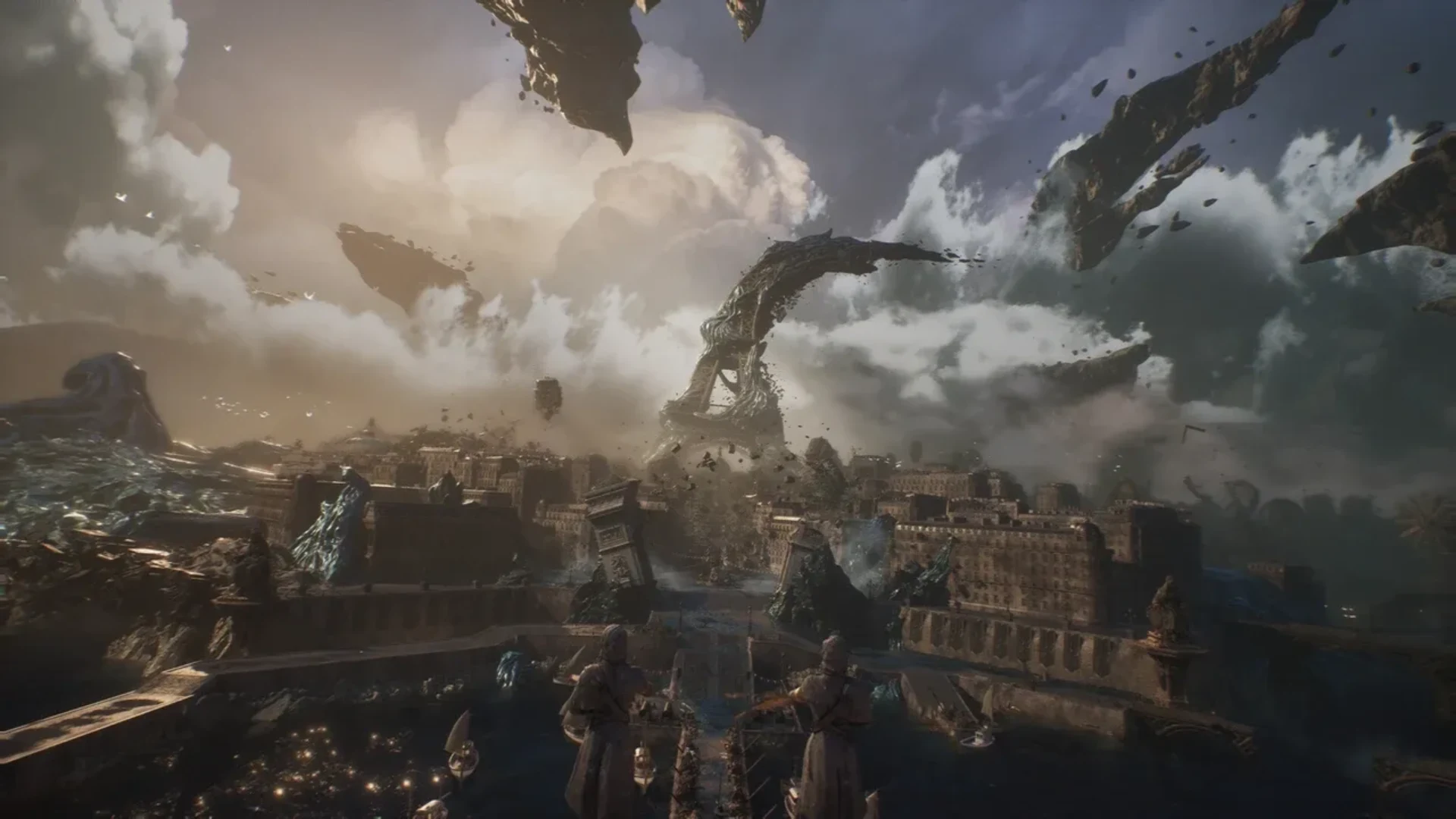 Expedition 33 characters overlook a ruined city beneath floating rock formations