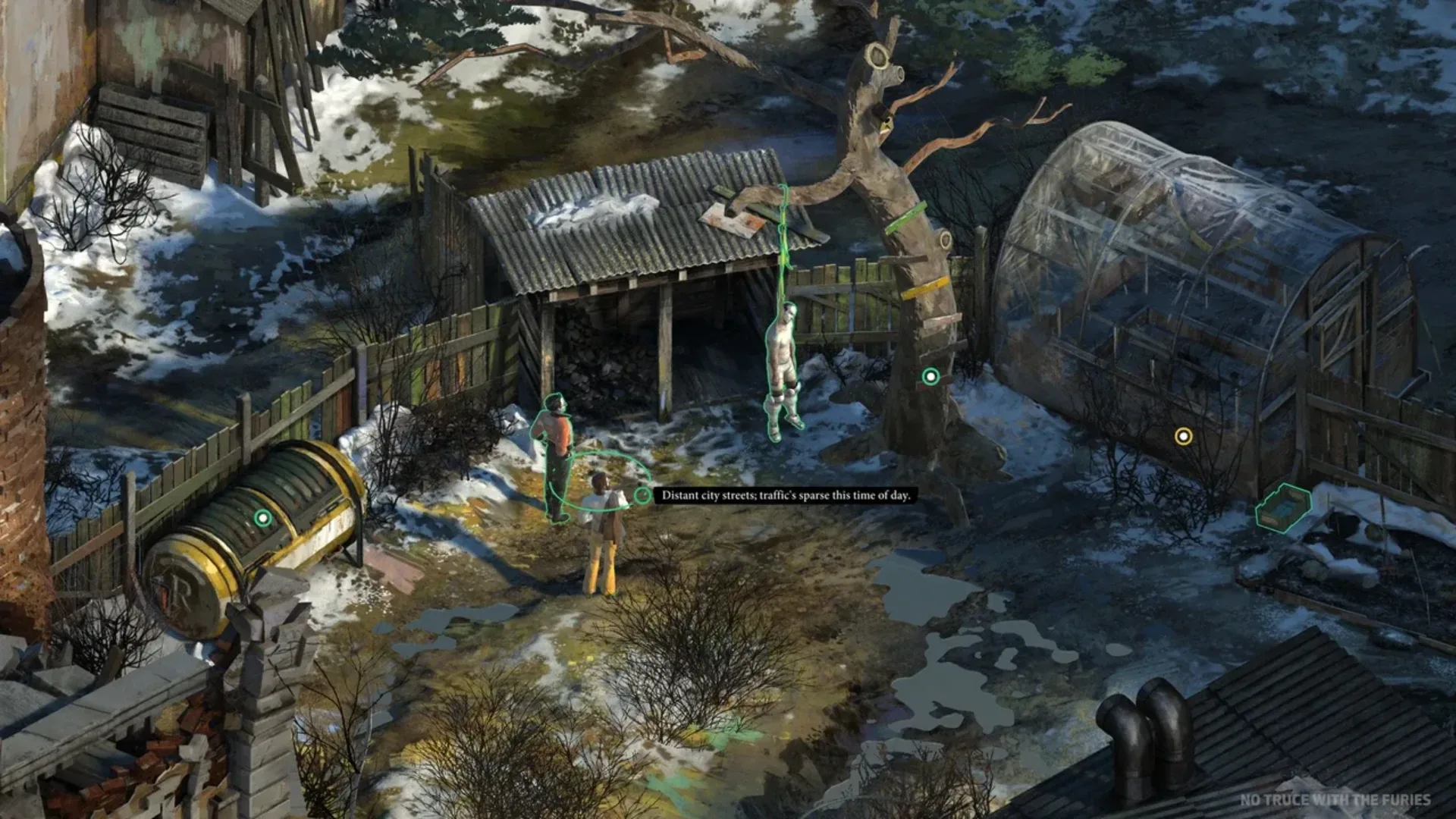 Disco Elysium detective investigates a snowy yard with a hanging body