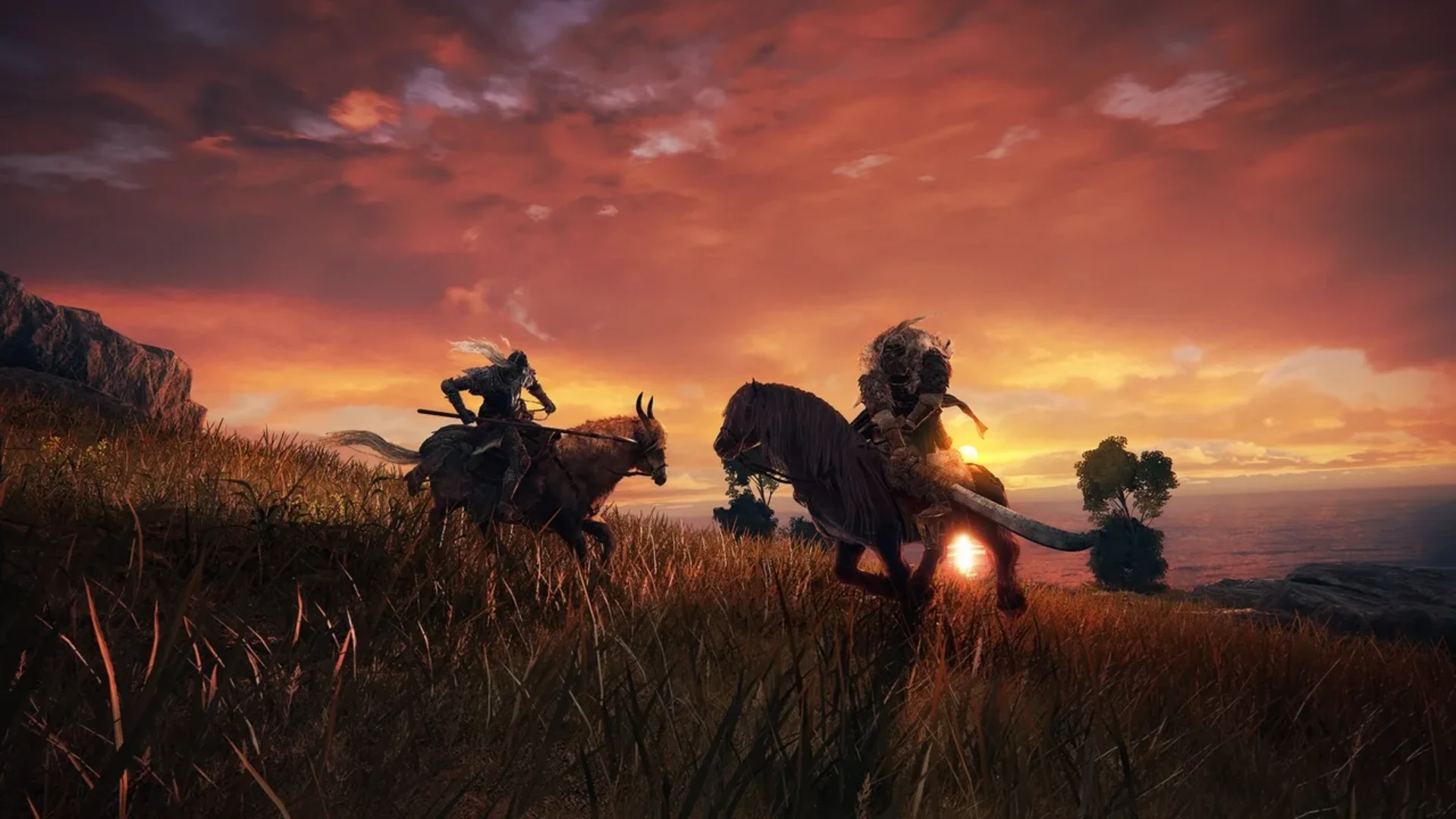 Two Elden Ring characters ride across a grassy landscape at sunset