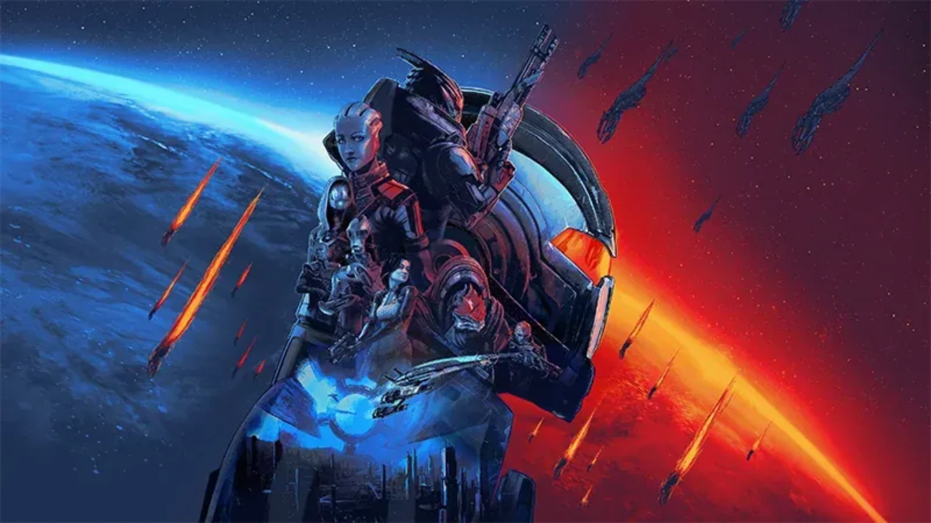 Mass Effect Legendary Edition artwork featuring Shepard and squad members