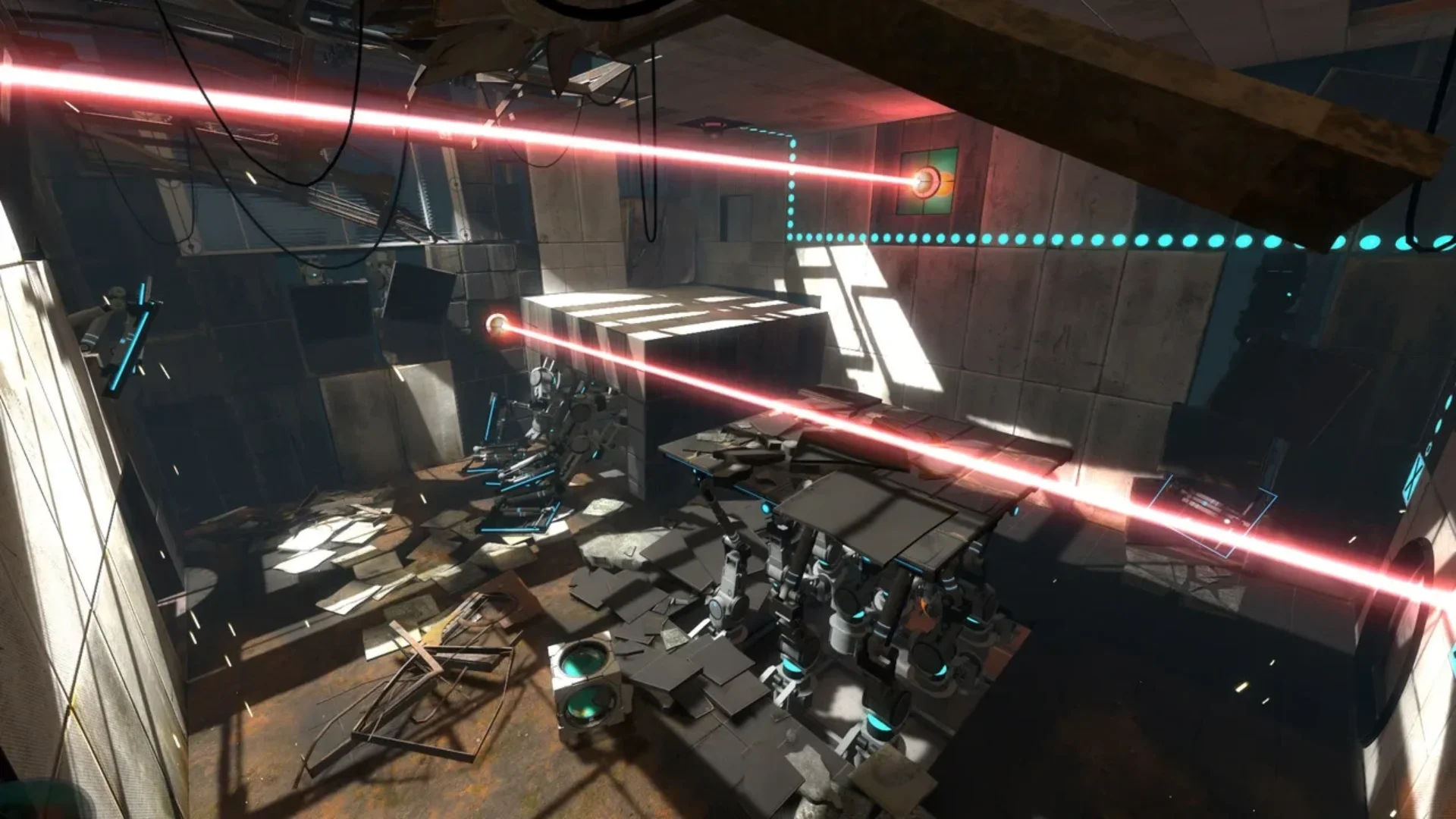 Portal 2 test chamber filled with lasers, machinery and broken platforms