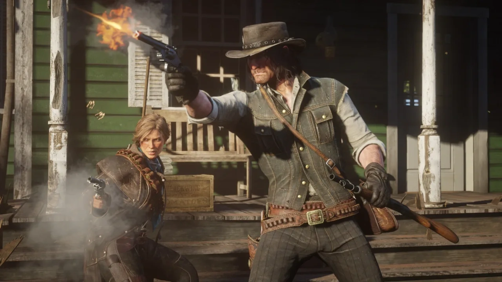 Two gunslingers fire revolvers outside a building in Red Dead Redemption 2