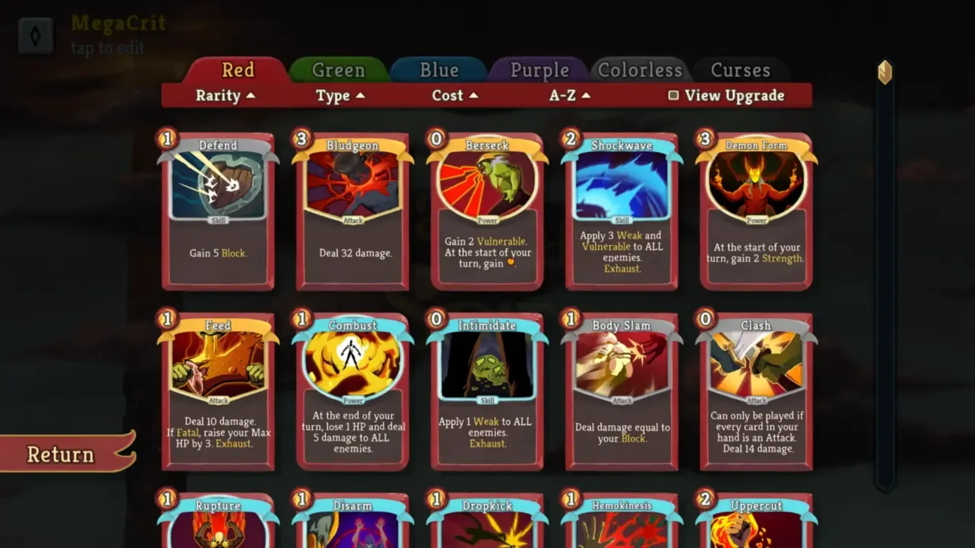 Slay the Spire card library displaying attack, skill and power cards