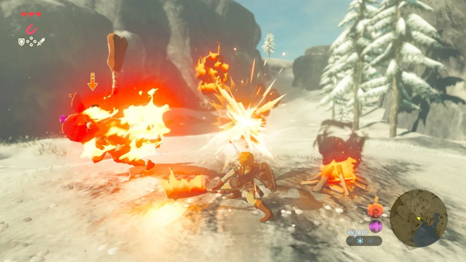 Link fights enemies beside a campfire in a snowy Breath of the Wild landscape