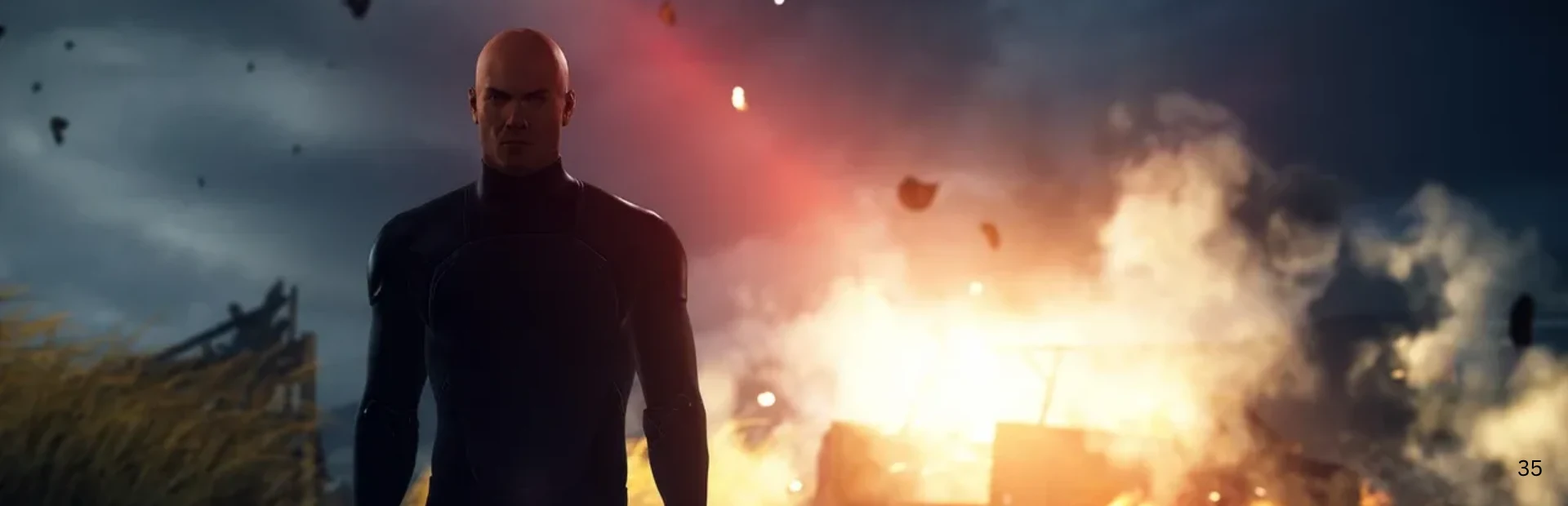 Agent 47 stands in front of a fiery explosion in Hitman World of Assassination