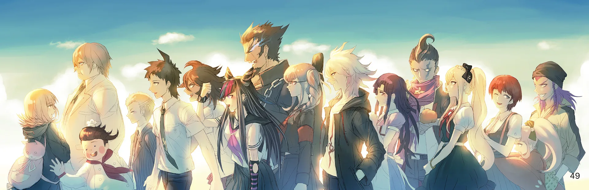 Illustrated cast of visual novel characters standing together against a bright sky.
