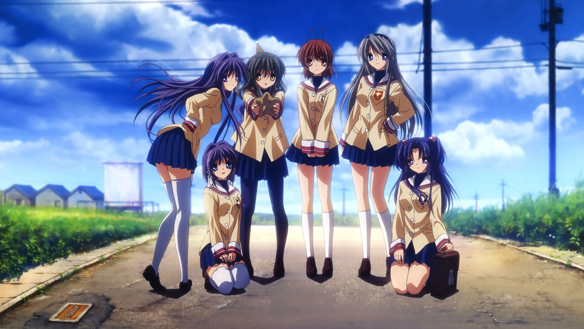 Clannad characters gathered together outdoors in their school uniforms under a bright blue sky.
