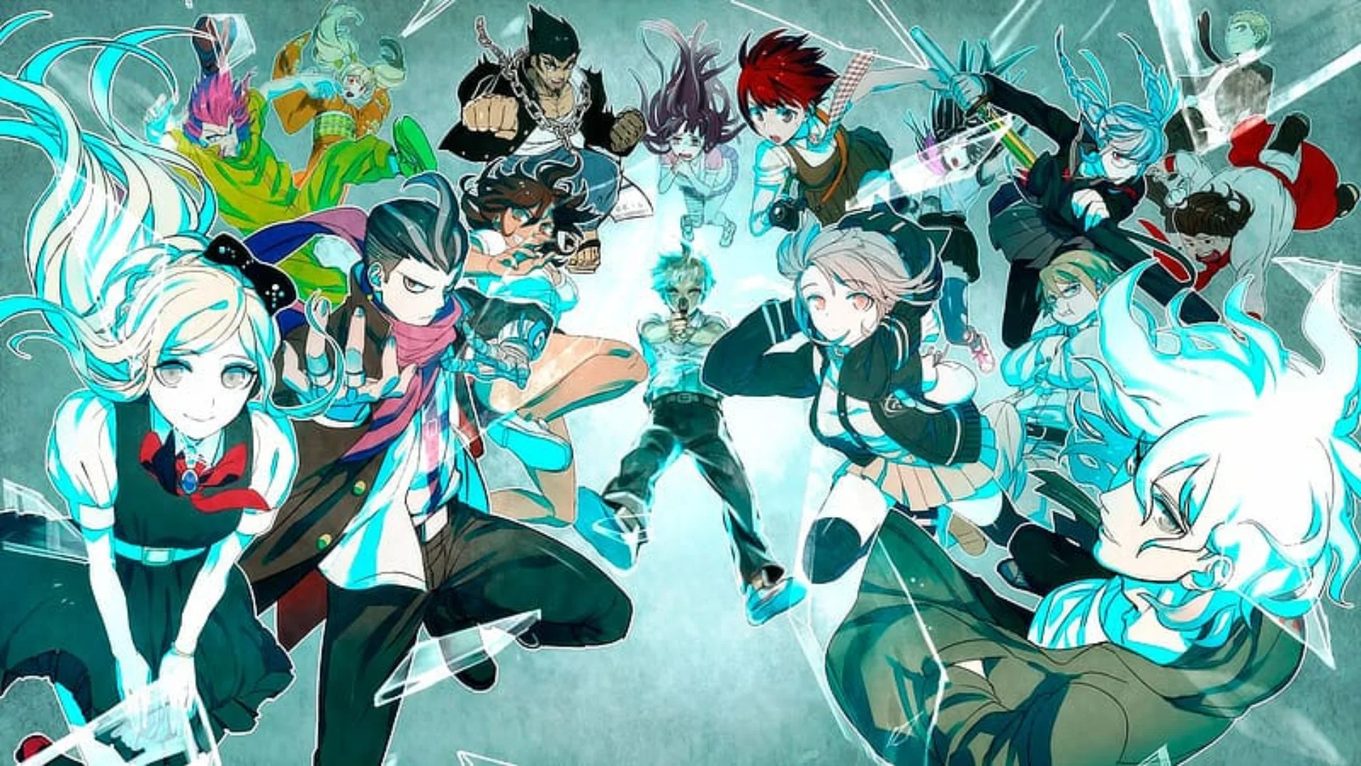 Danganronpa 2: Goodbye Despair characters arranged together in stylized promotional artwork.