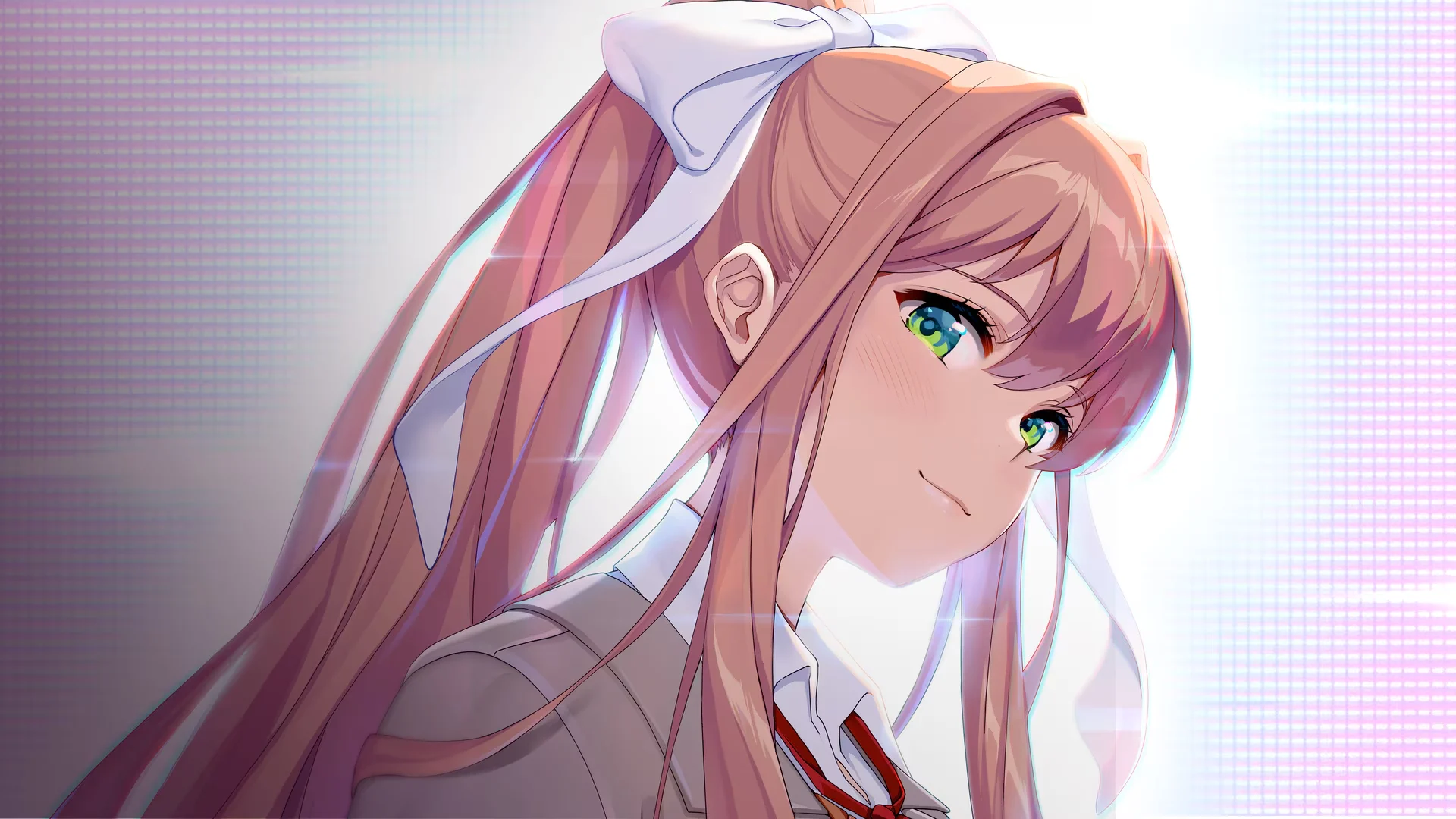 Monika from Doki Doki Literature Club Plus! shown in a close-up illustration with a bright digital background.