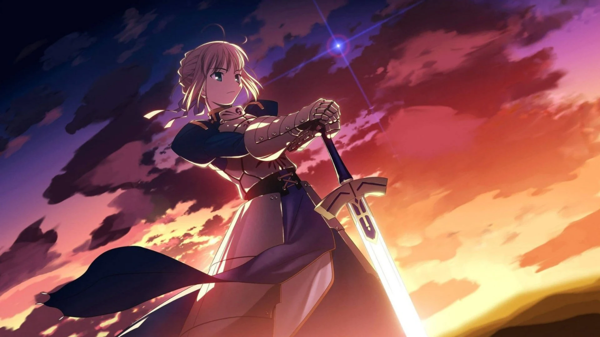 Saber holds her sword against a dramatic sunset sky in Fate/stay night REMASTERED artwork.