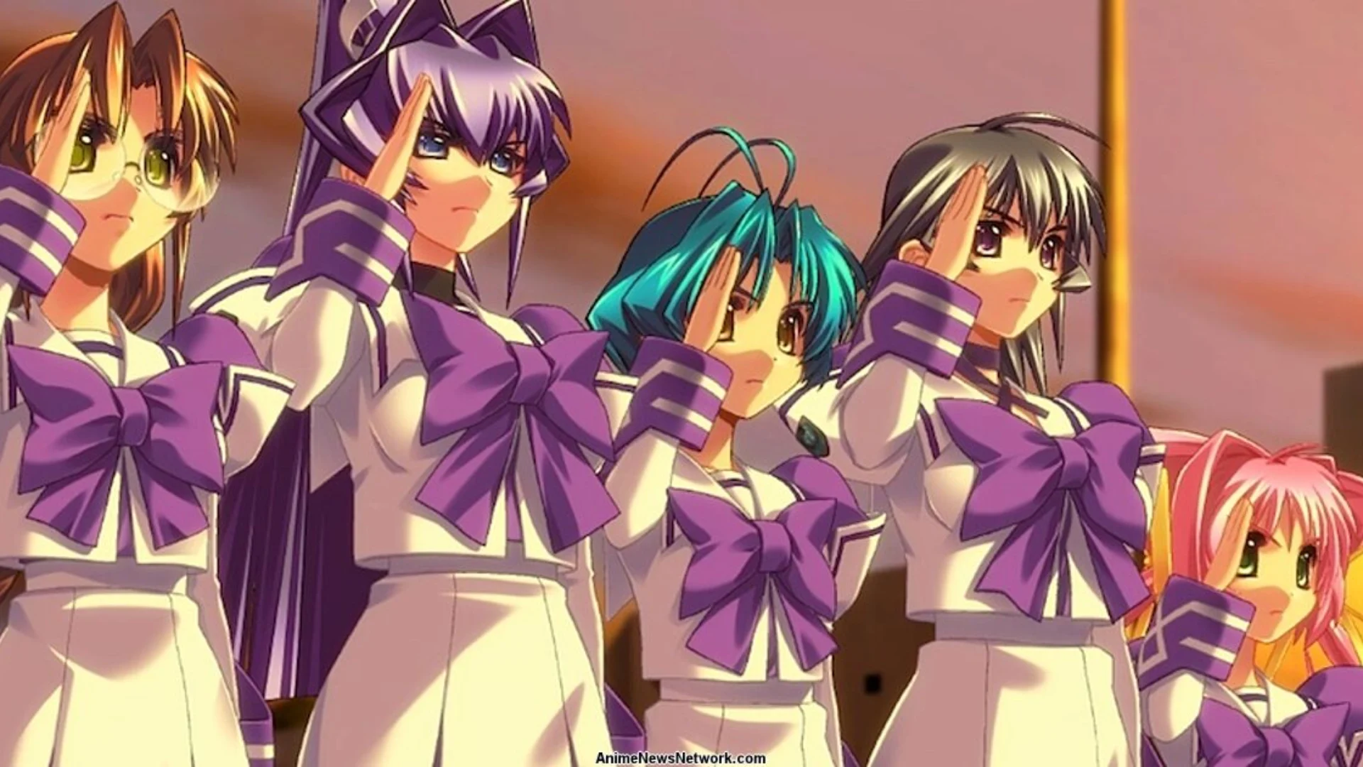 Muv-Luv Alternative characters in matching uniforms salute together in visual novel artwork.