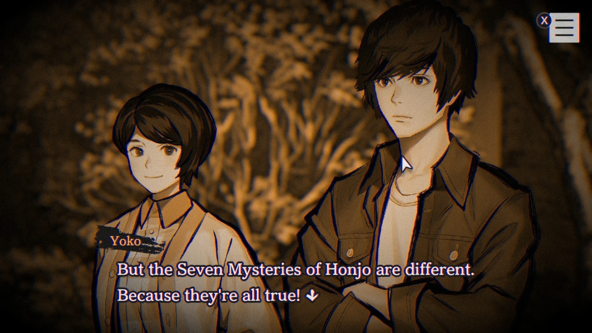 Yoko and another character discuss the Seven Mysteries of Honjo in a Paranormasight dialogue scene.