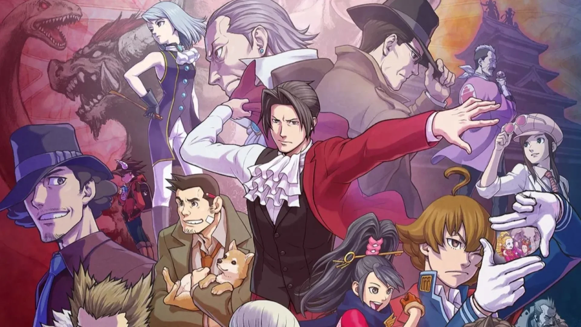 Phoenix Wright and other Ace Attorney characters appear together in illustrated promotional artwork.