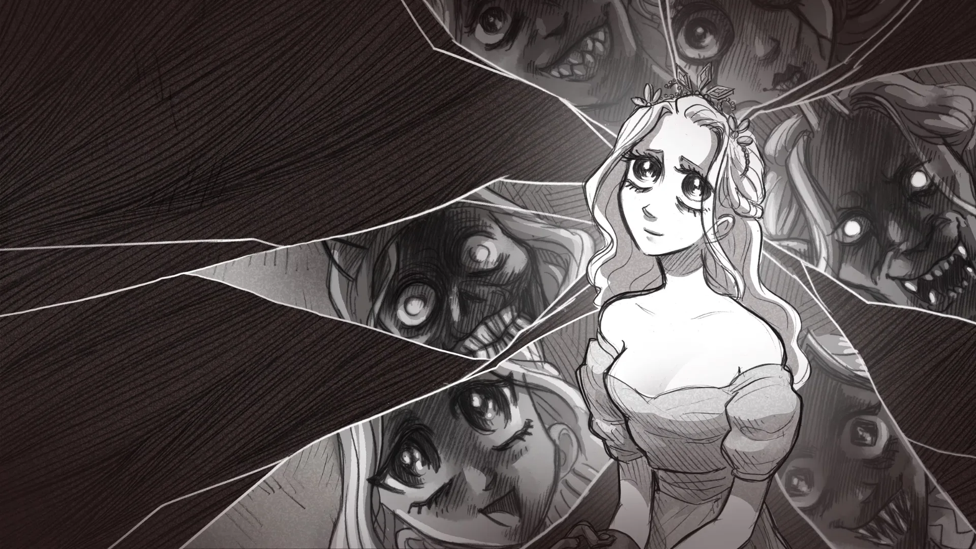 The Princess stands among unsettling illustrated faces in black-and-white Slay the Princess artwork.