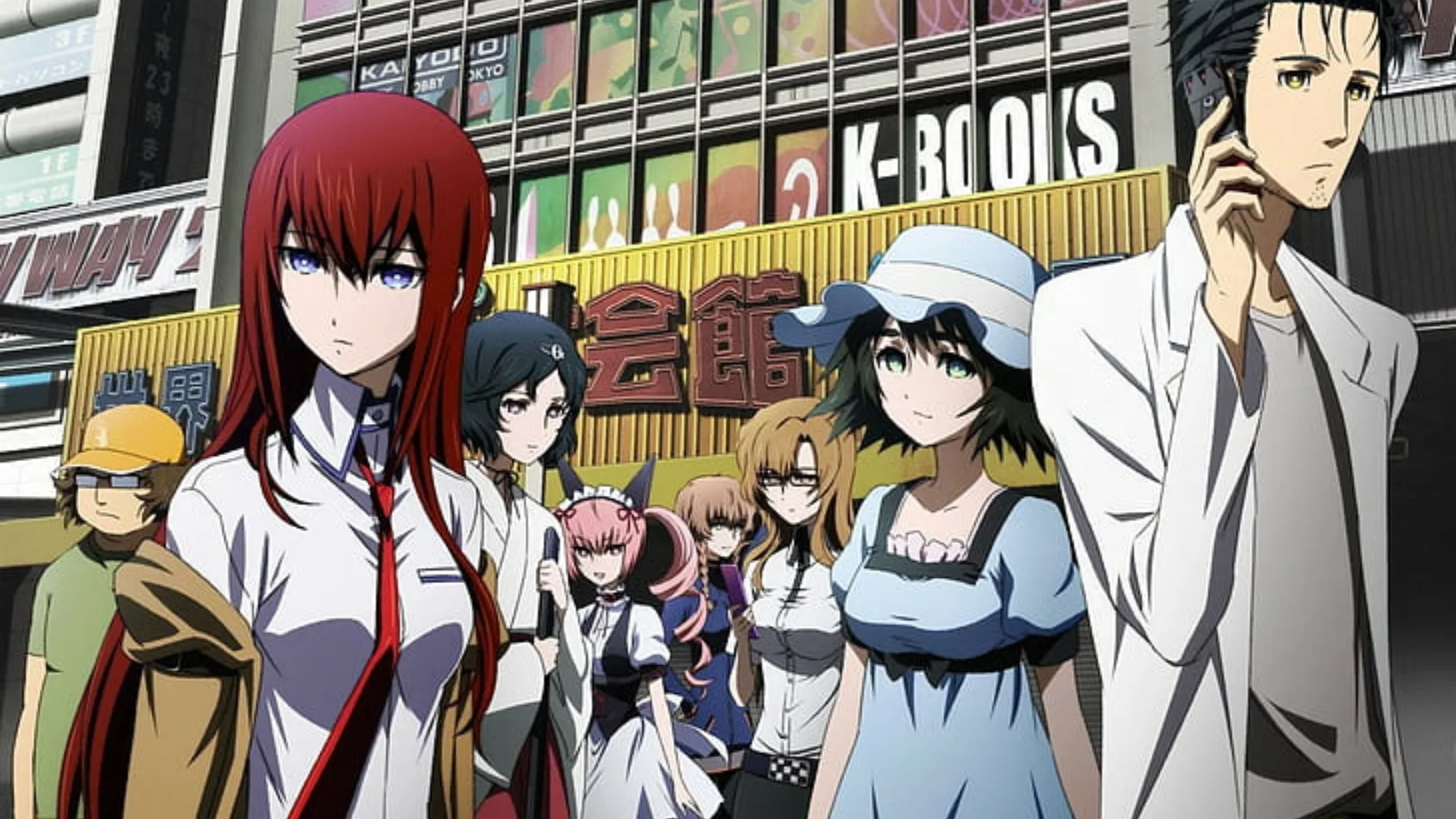 Steins;Gate characters including Kurisu and Okabe stand together on a busy Akihabara street.