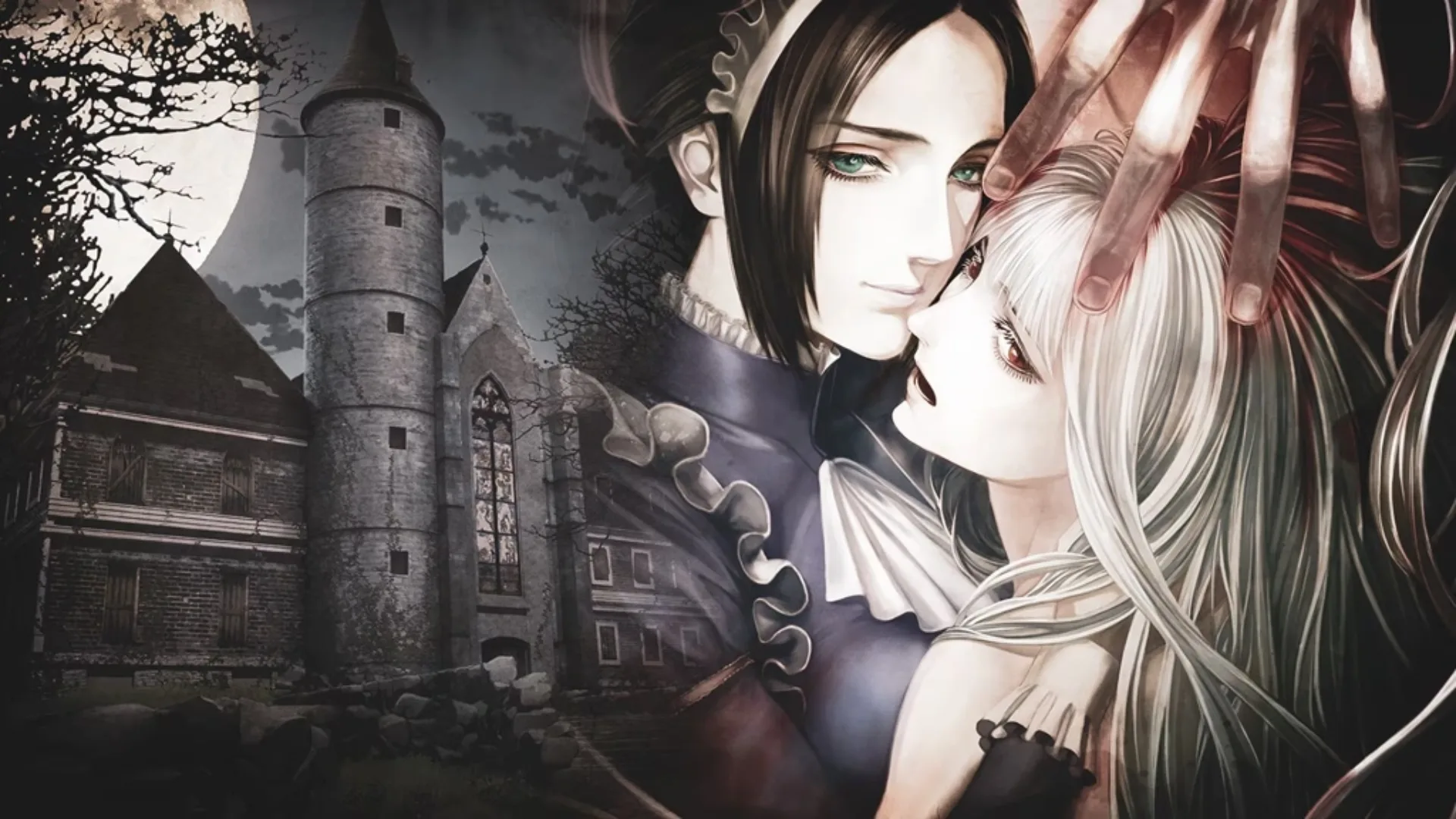 Two characters embrace beside a dark gothic mansion in The House in Fata Morgana artwork.
