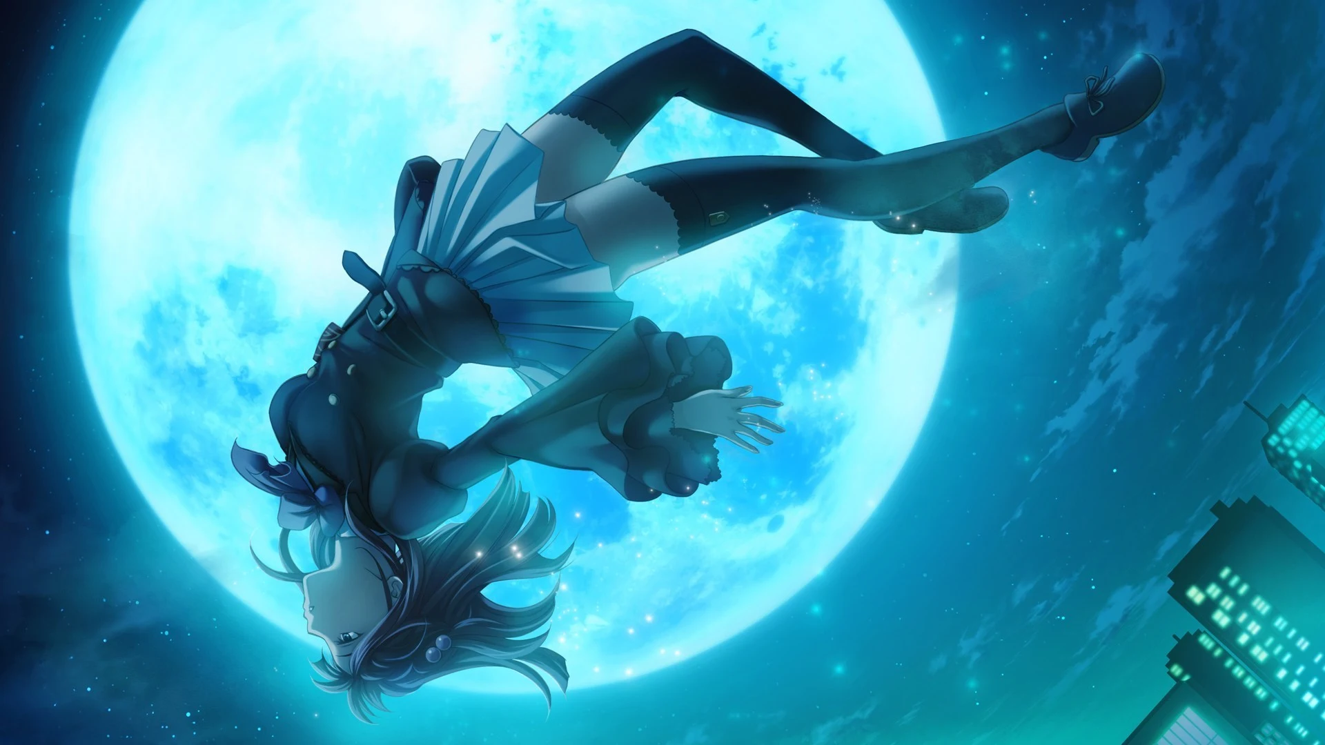 A female character falls through the night sky before a huge blue full moon in Umineko When They Cry artwork.