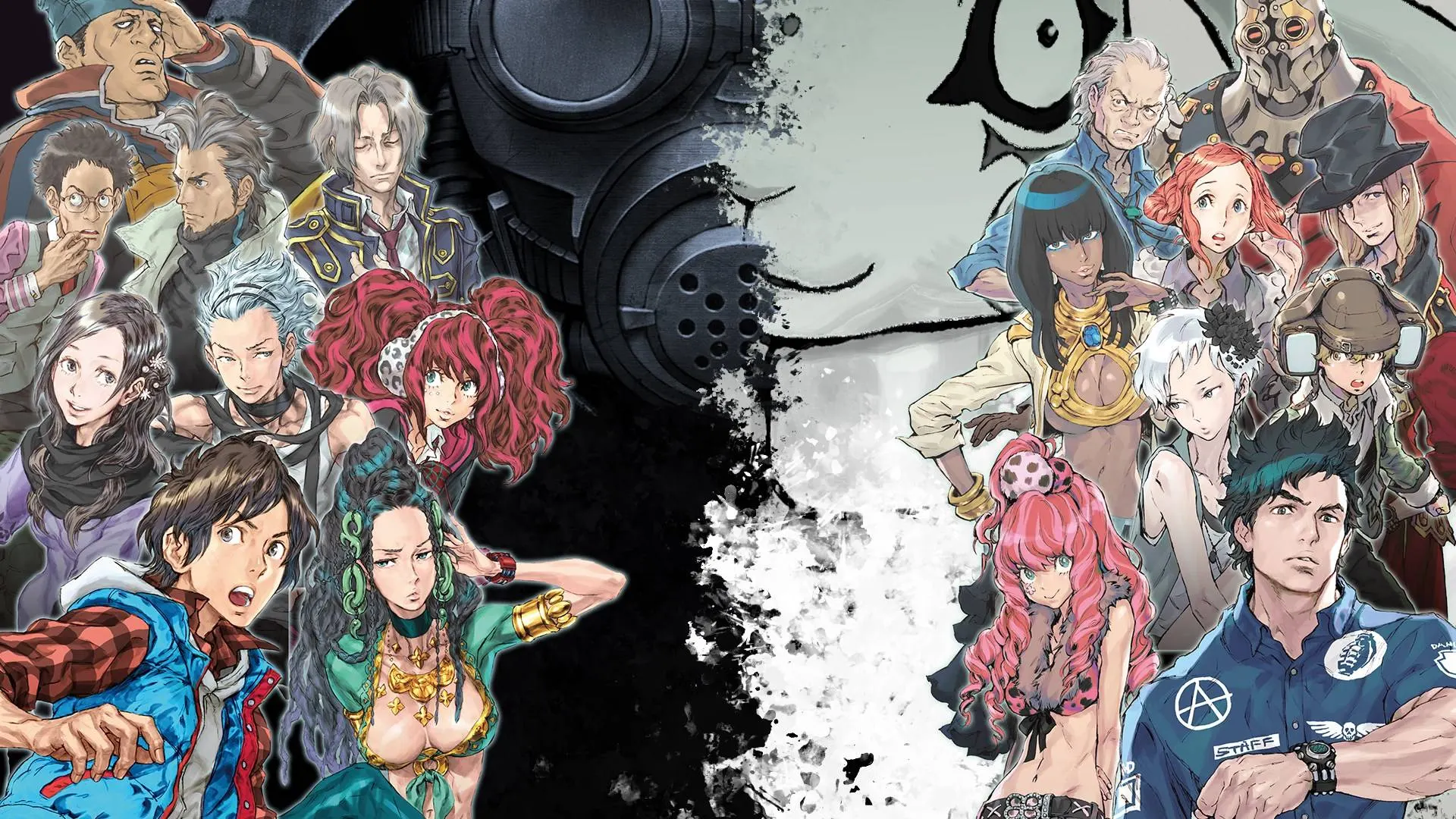 Zero Escape: The Nonary Games characters surround a masked figure in illustrated ensemble artwork.