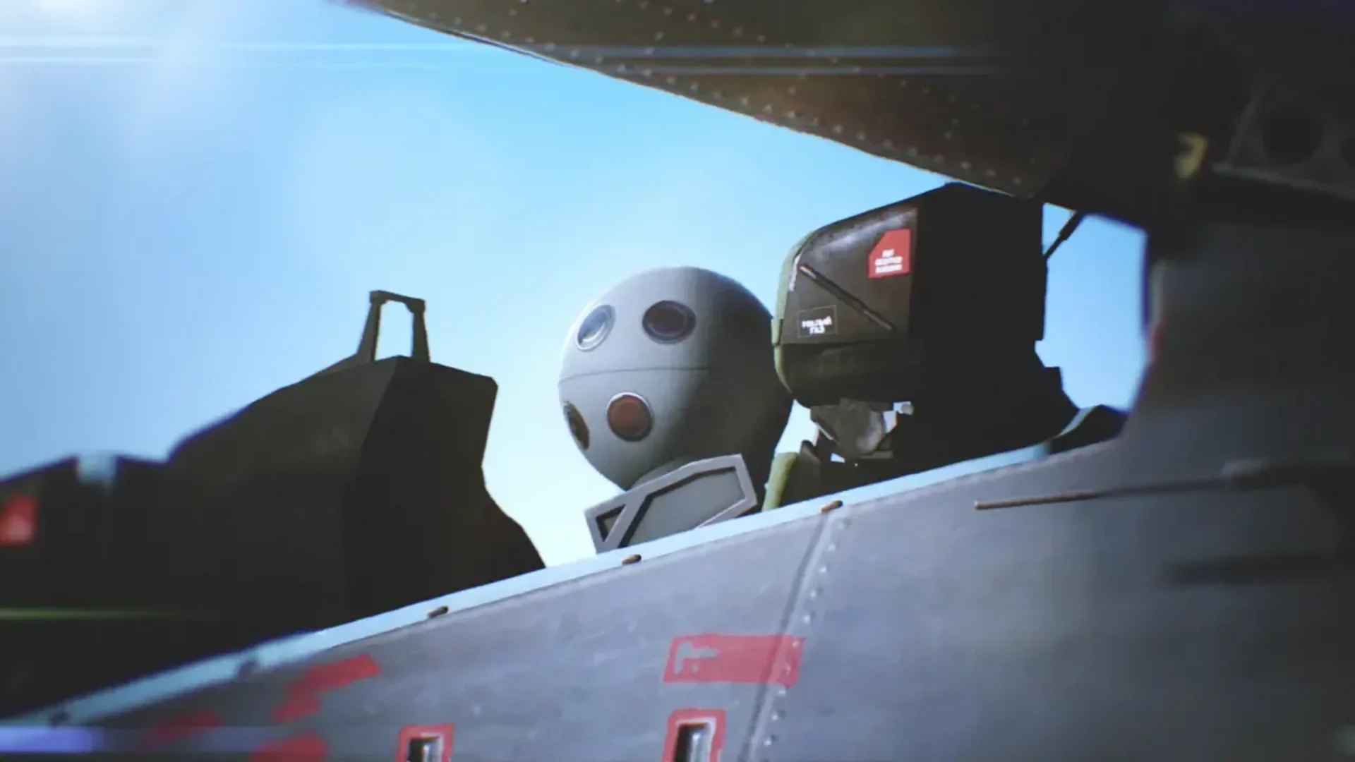 A helmeted pilot sits inside a fighter jet cockpit under a bright blue sky in Ace Combat 7: Skies Unknown.