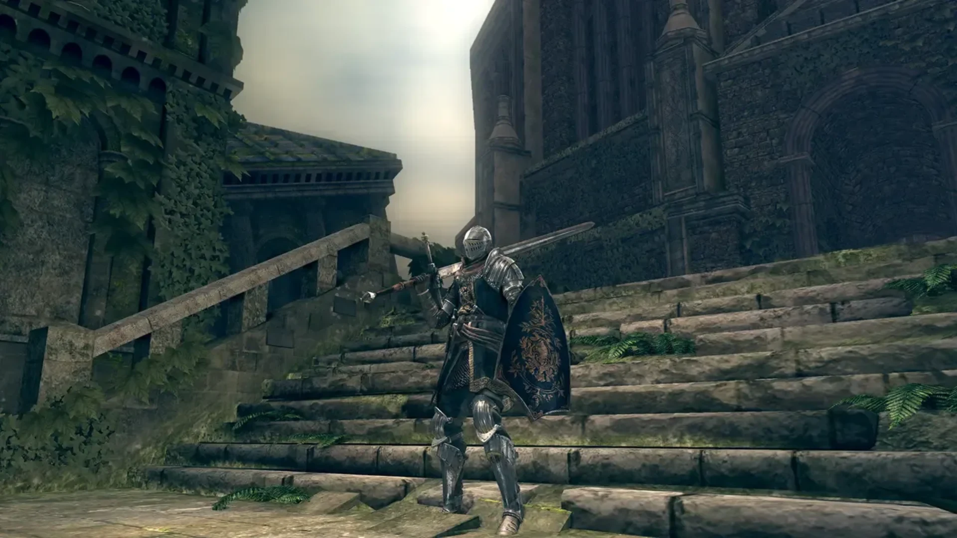 An armored knight carries a sword and shield while standing on ancient stone steps in Dark Souls.