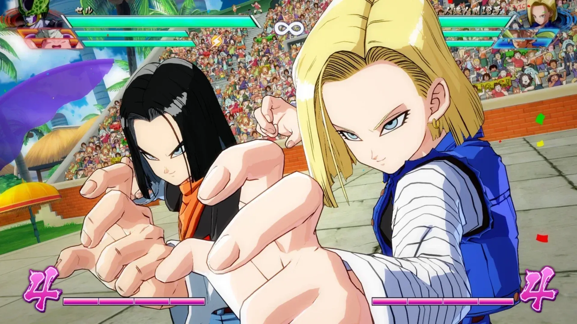 Android 17 and Android 18 pose together in a crowded tournament arena in Dragon Ball FighterZ.