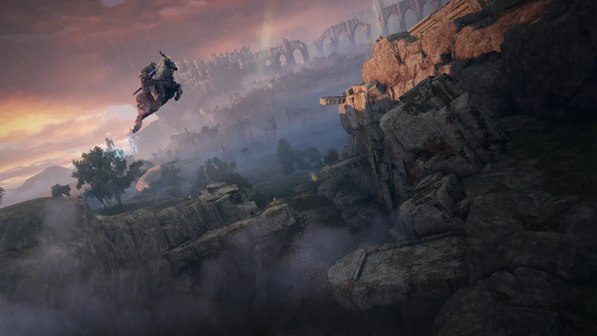 The Tarnished rides Torrent through the air above a rocky ravine in Elden Ring as ruined arches stretch across the horizon.