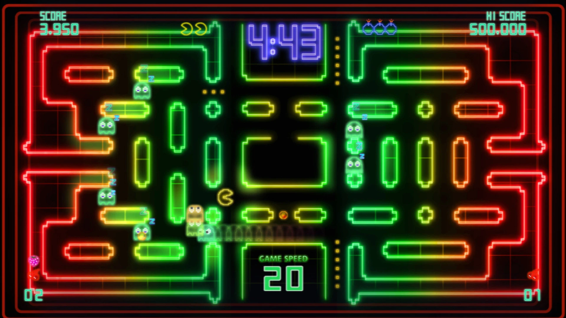Pac-Man moves through a glowing neon maze while long lines of sleeping ghosts wait along the paths.