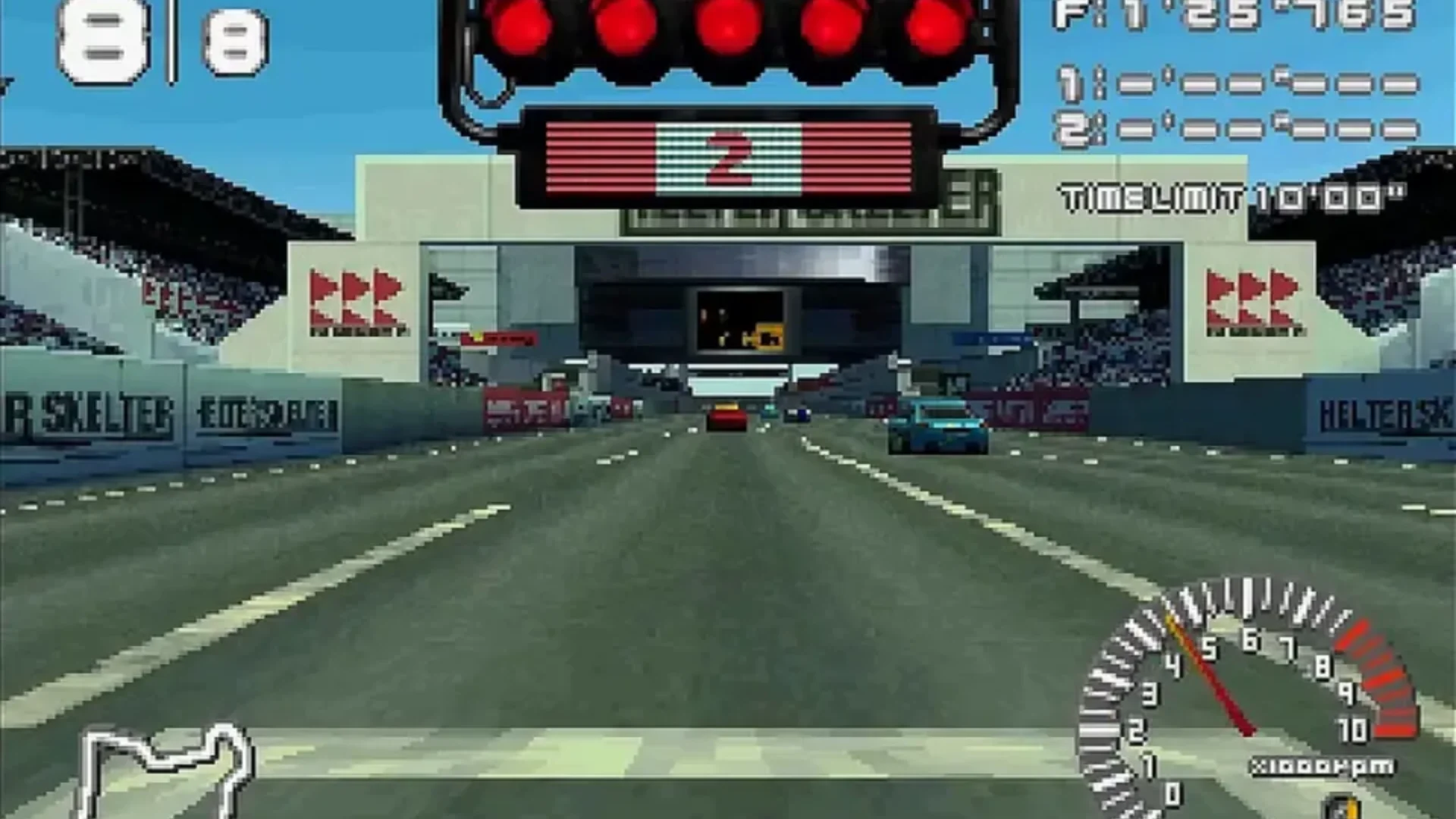 Cars accelerate away from the starting grid during a race in R4: Ridge Racer Type 4.