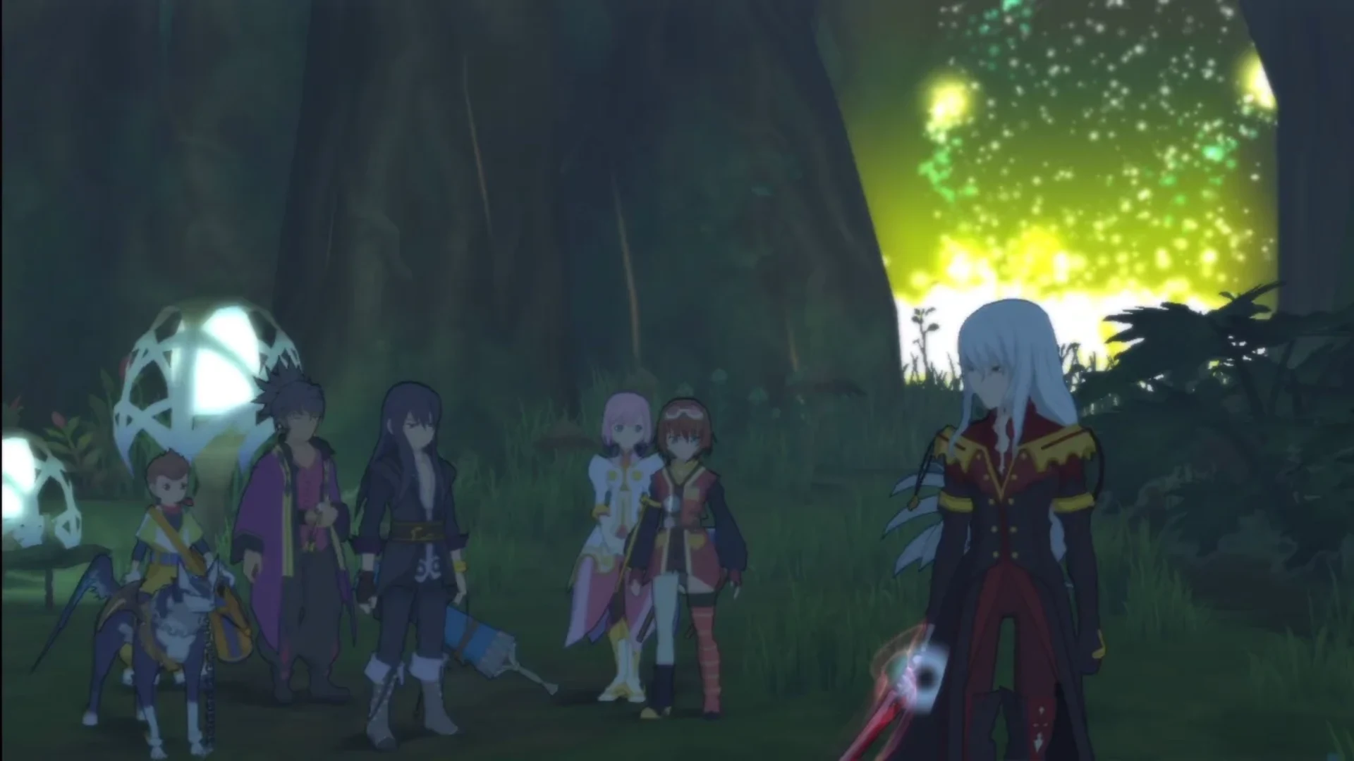The Tales of Vesperia party gathers inside a dark forest illuminated by glowing plants and bright green light.