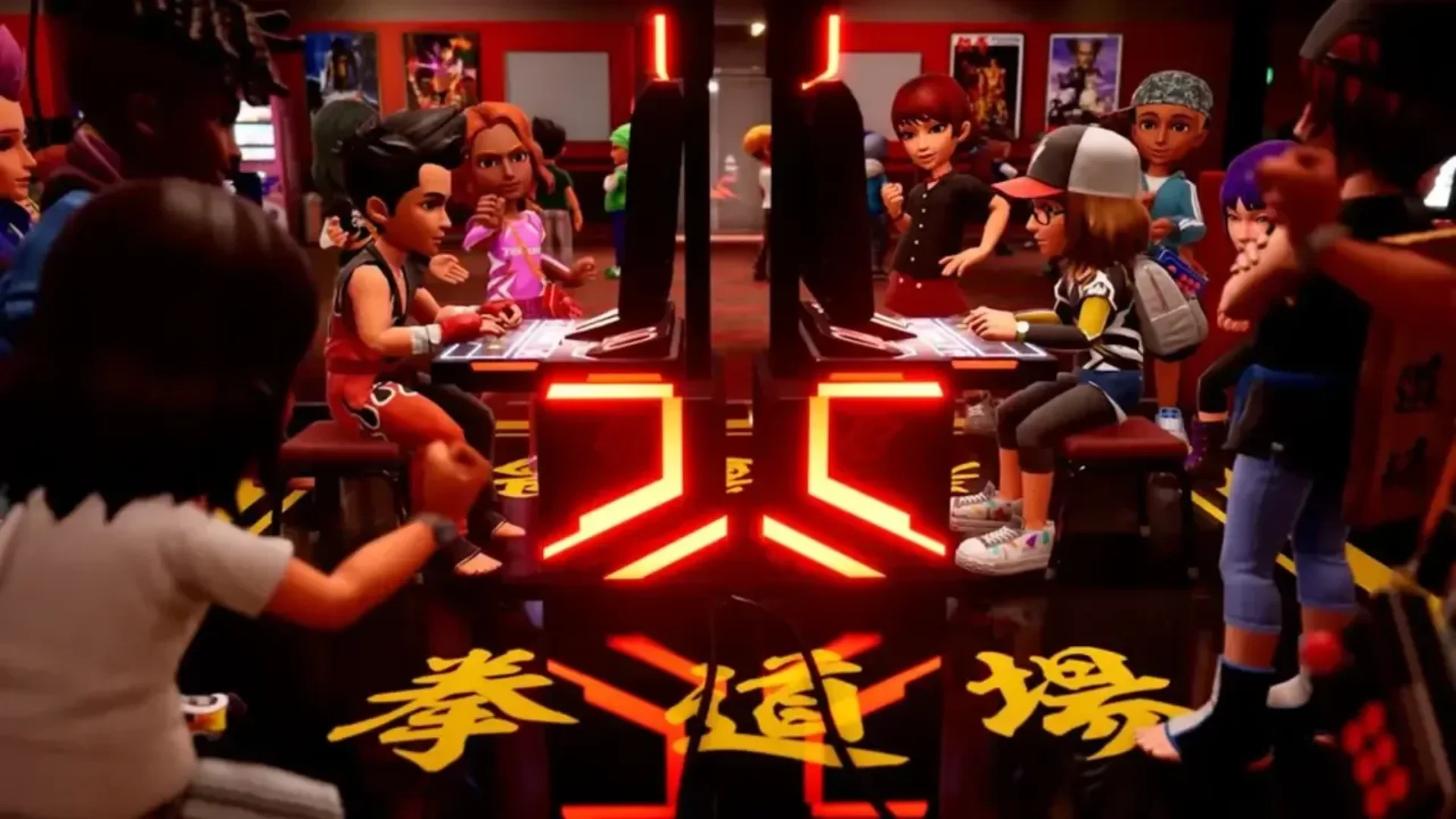 Customized avatars play fighting games at opposing arcade cabinets while spectators watch in Tekken 8 Arcade Quest.