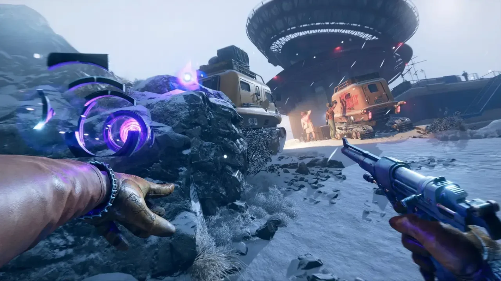 Colt aims a pistol while using a supernatural ability near a snowy Blackreef facility in Deathloop.
