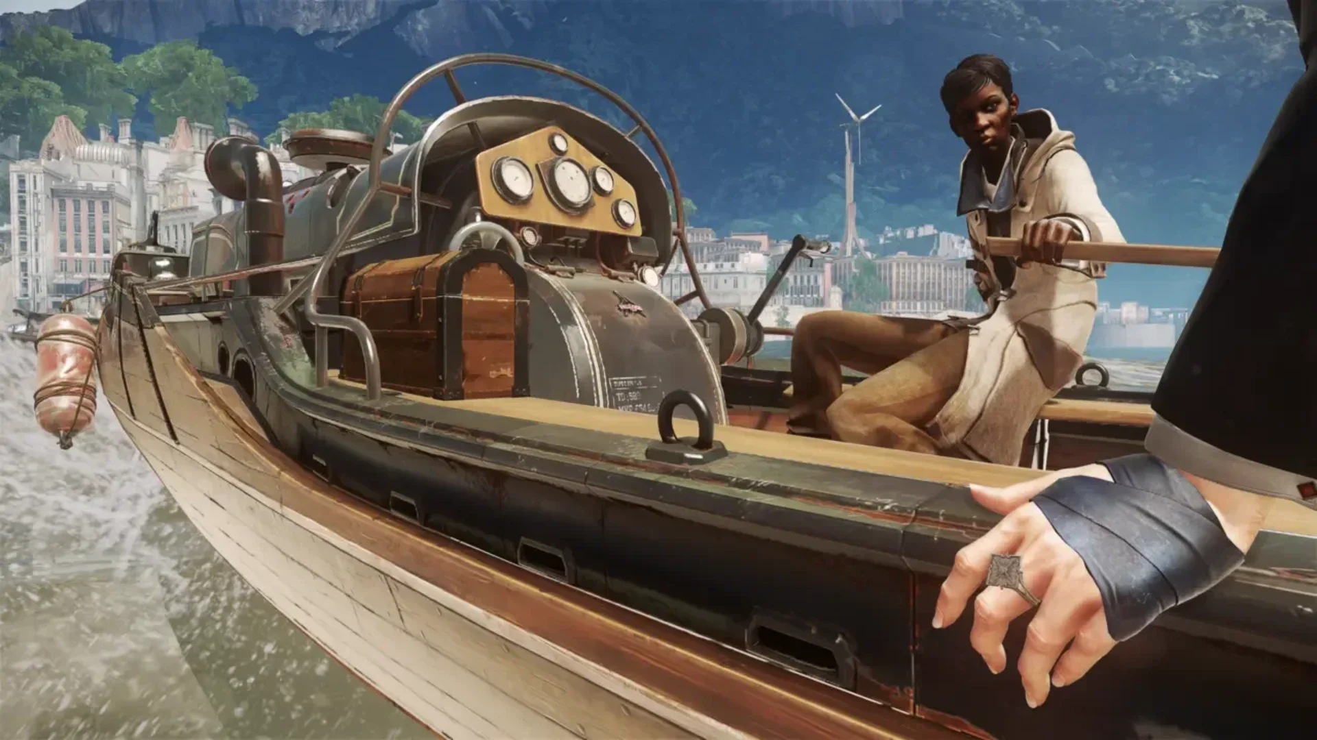 Emily Kaldwin rides a motorboat with Meagan Foster near the coast of Karnaca in Dishonored 2.
