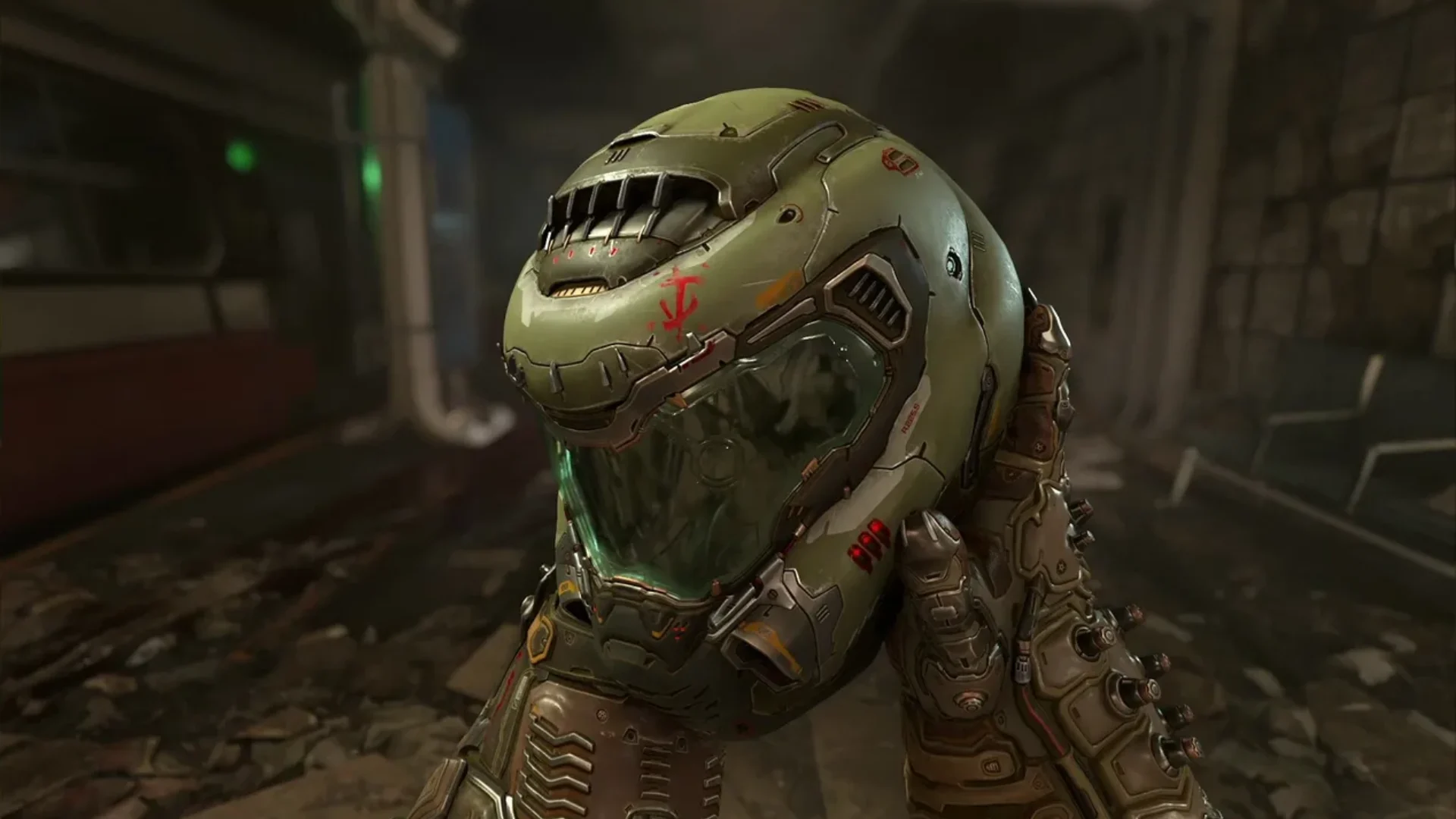 The Doom Slayer fires on a group of demons during a combat encounter in Doom Eternal.