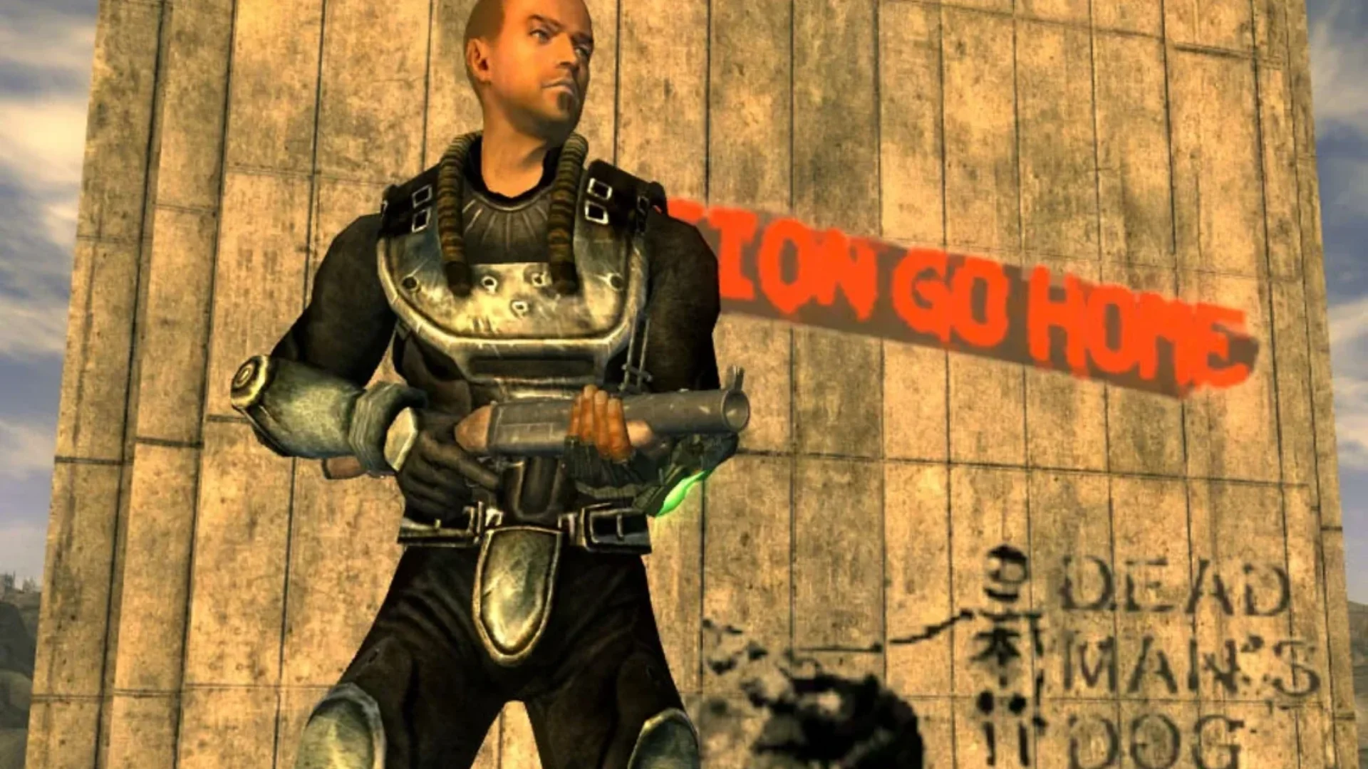 An NCR soldier carrying a rifle stands near Hoover Dam in Fallout: New Vegas.