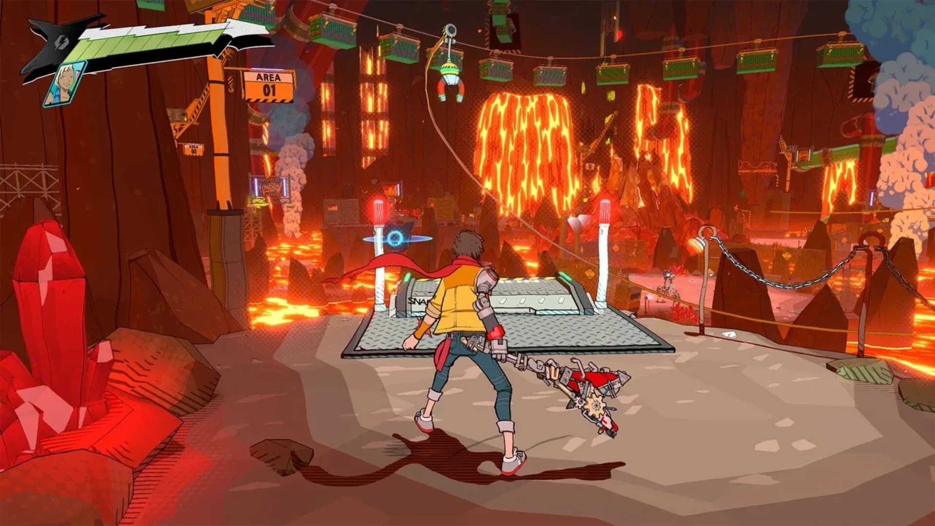 Chai stands with his guitar weapon in a lava-filled industrial area in Hi-Fi Rush.