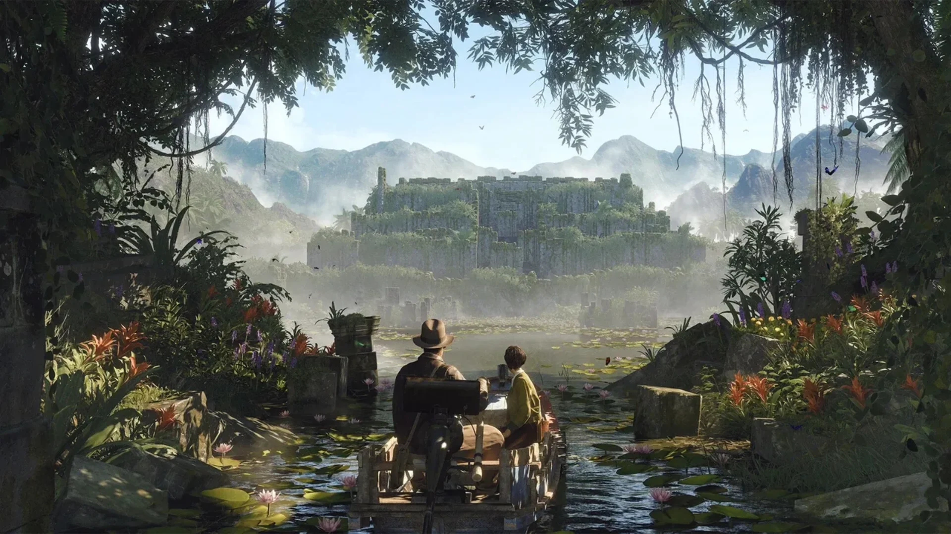 Indiana Jones travels by boat toward ancient ruins surrounded by jungle in Indiana Jones and the Great Circle.