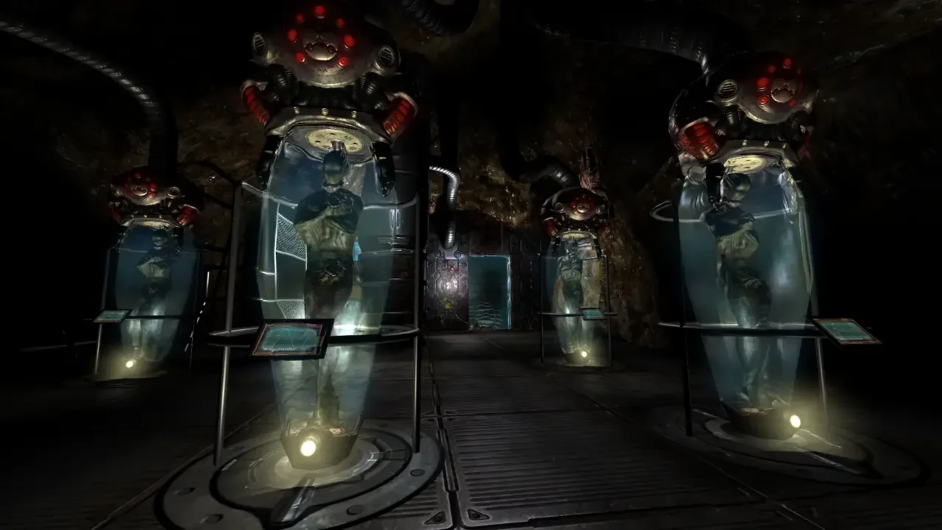 Human subjects are suspended inside illuminated testing chambers aboard Talos I in Prey.
