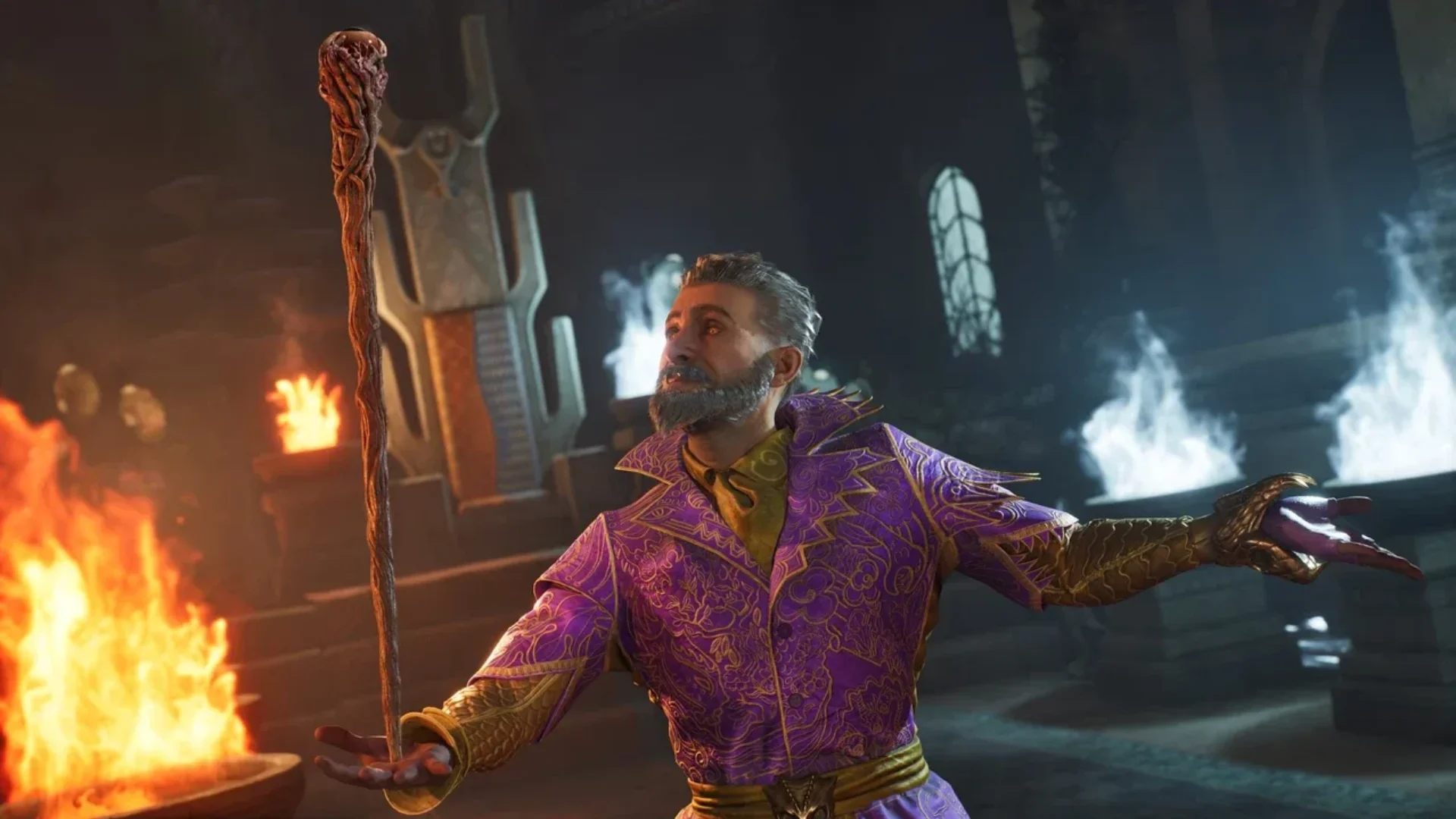 A mage in ornate purple robes raises a staff beside flames in The Elder Scrolls IV: Oblivion Remastered.