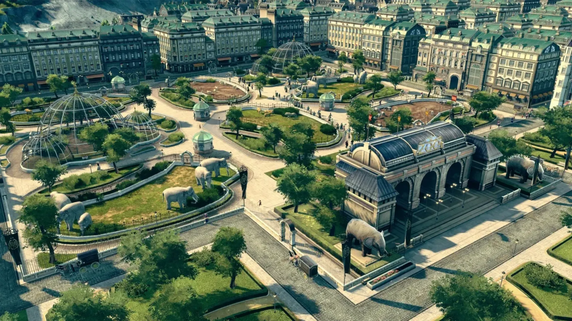 A large zoo surrounded by landscaped gardens and city buildings in Anno 1800.