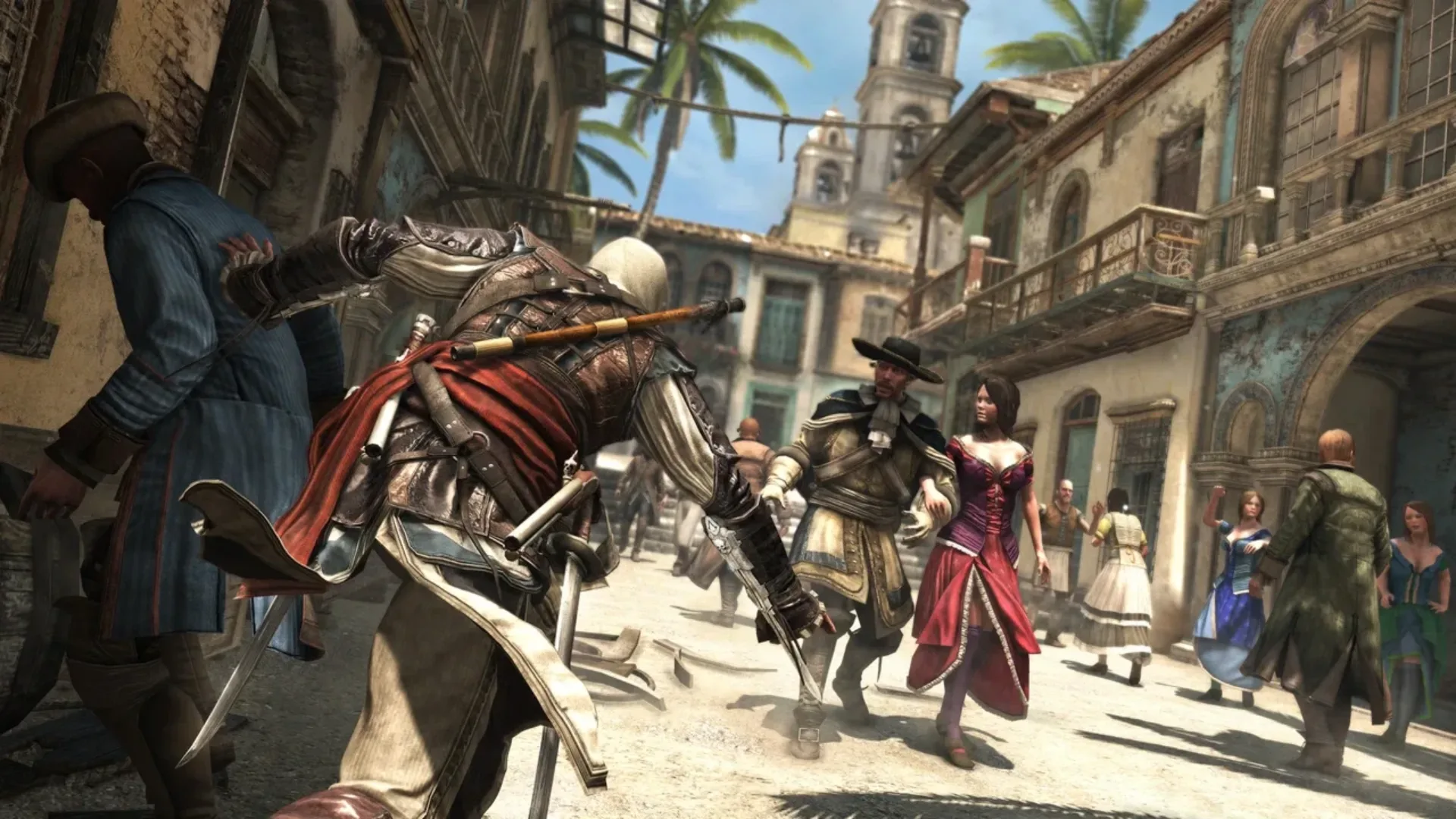 Edward Kenway moves through a busy colonial street in Assassin's Creed IV: Black Flag.