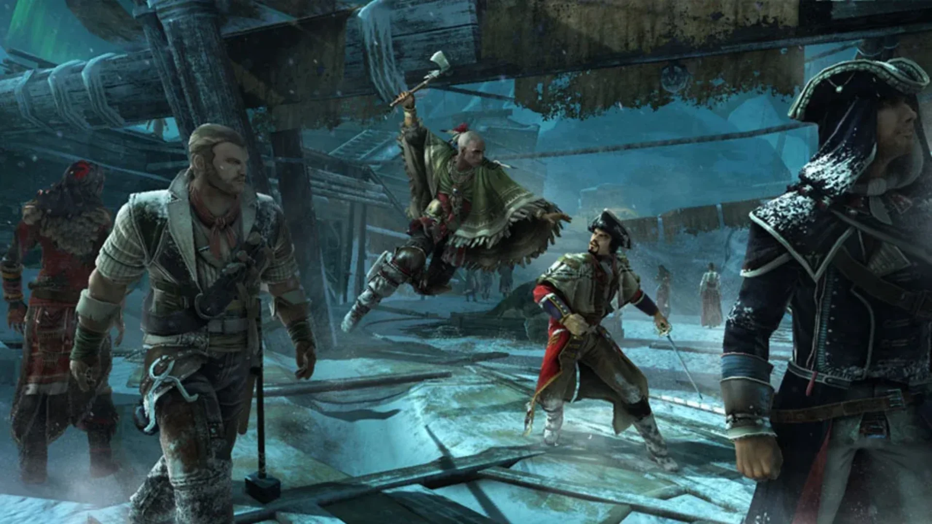 Assassin's Creed characters confront one another during a fight in a snowy colonial settlement.