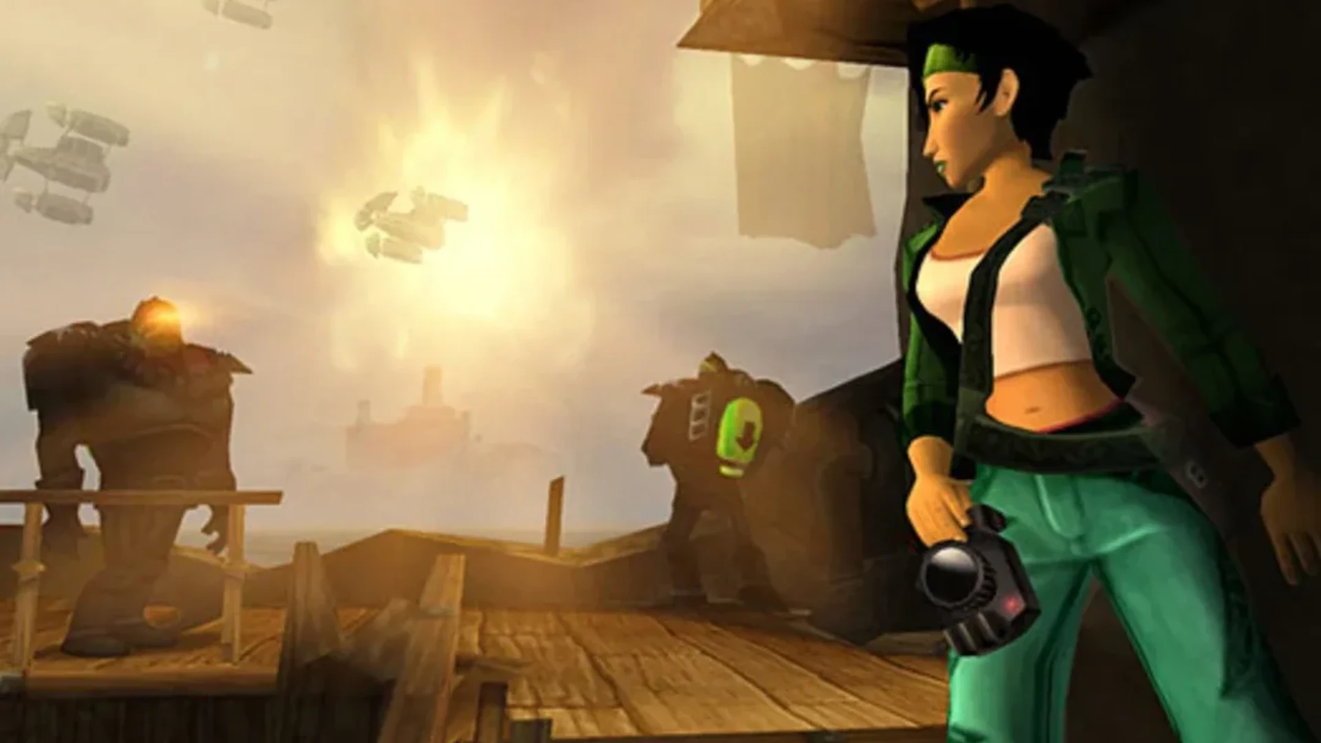 Jade holds her camera while standing in a futuristic environment in Beyond Good & Evil.