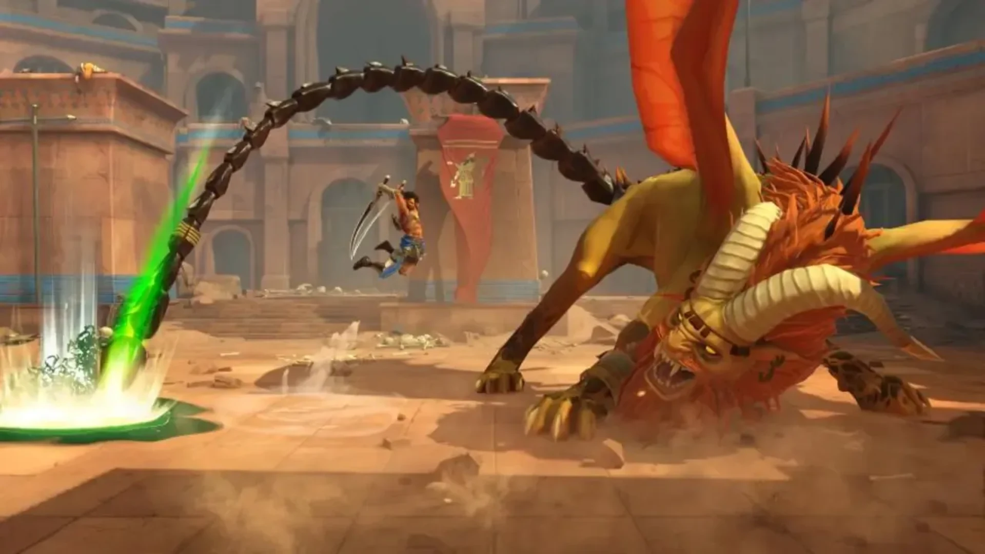 Sargon leaps toward a large horned creature during combat in Prince of Persia: The Lost Crown.
