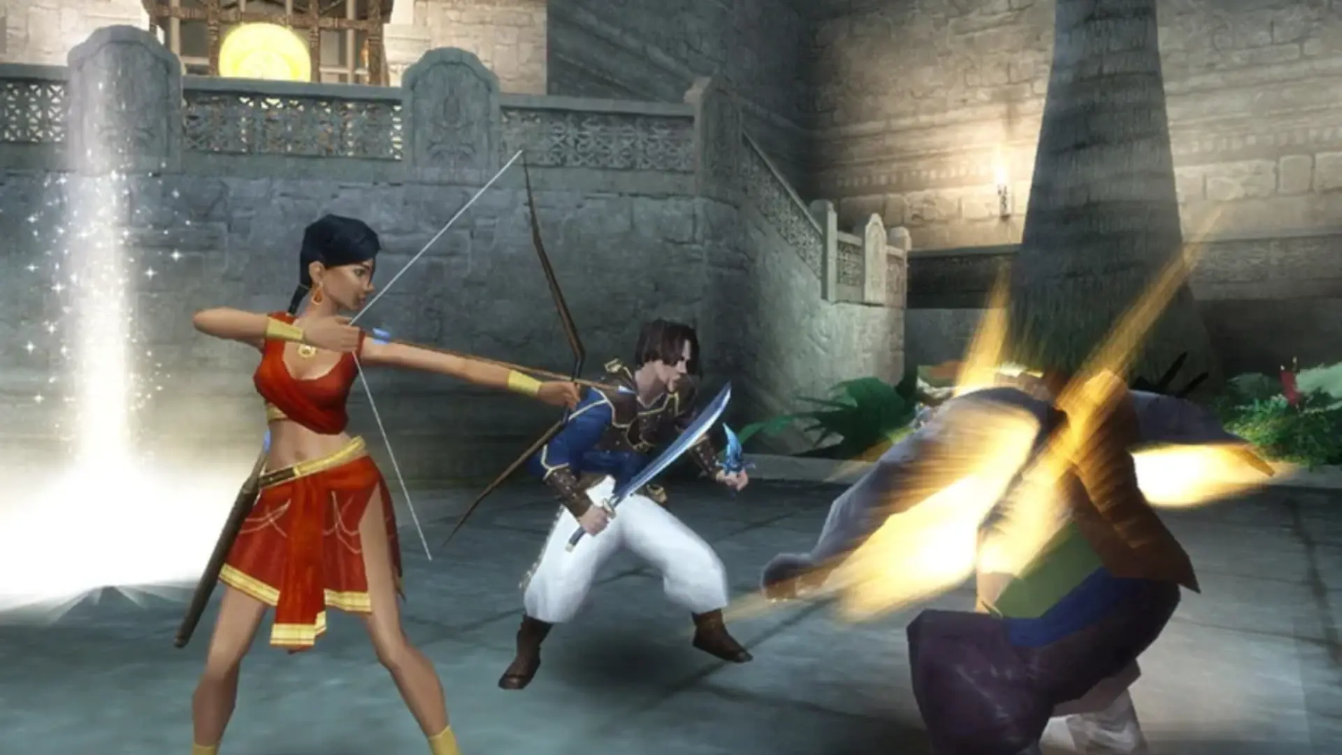 The Prince and Farah battle an enemy inside the palace in Prince of Persia: The Sands of Time.