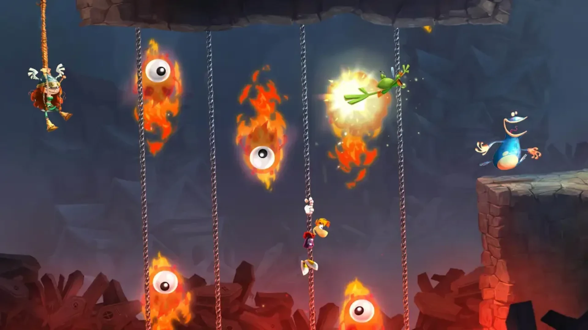 Rayman swings between ropes while avoiding flaming enemies during a Rayman Legends level.