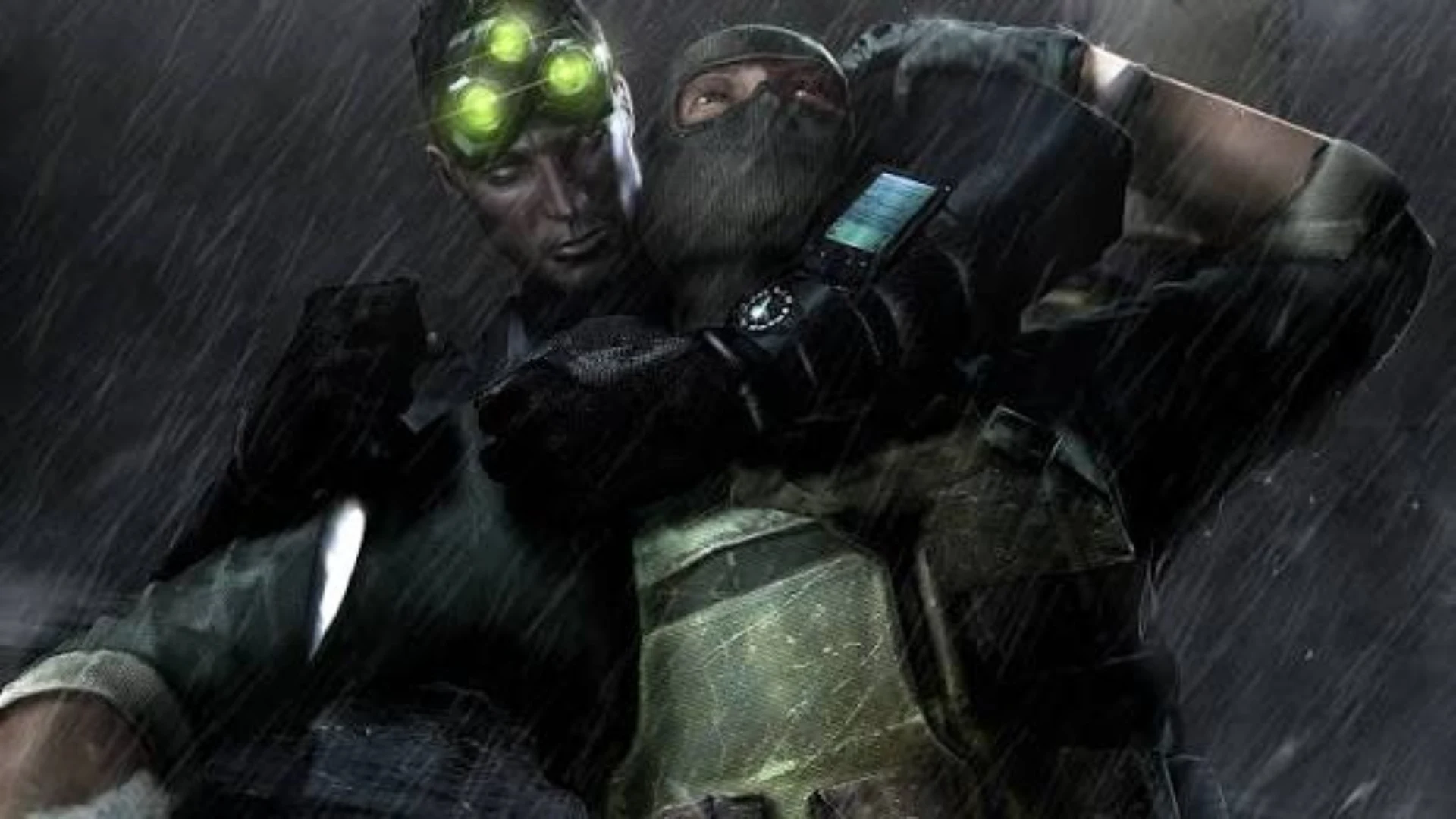 Sam Fisher restrains a guard in heavy rain while wearing glowing night-vision goggles in Splinter Cell: Chaos Theory.