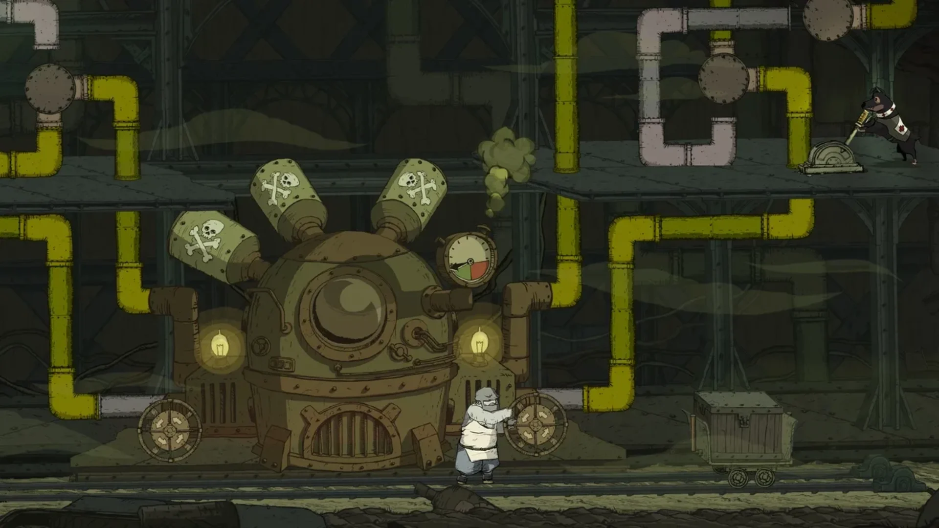 Characters navigate pipes and machinery during an industrial puzzle in Valiant Hearts: The Great War.