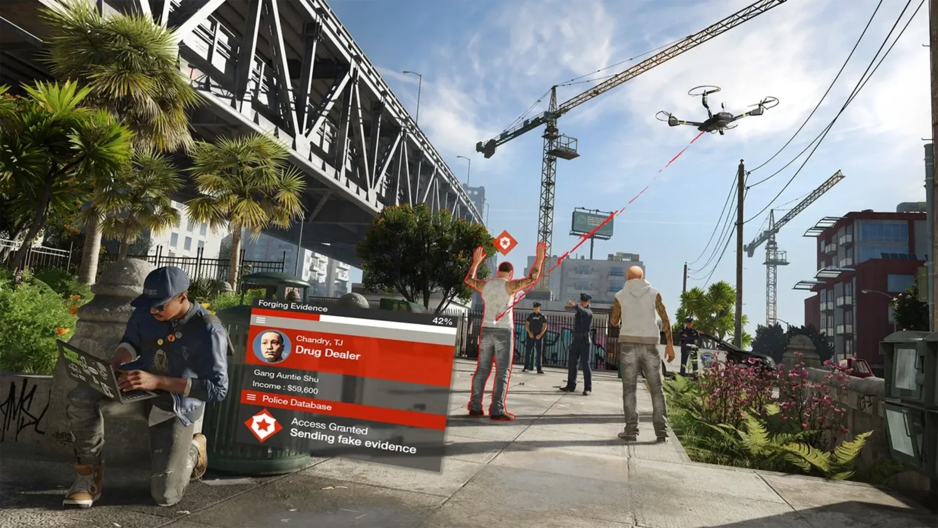 Marcus Holloway hacks a police database and forges evidence with a drone nearby in Watch Dogs 2.