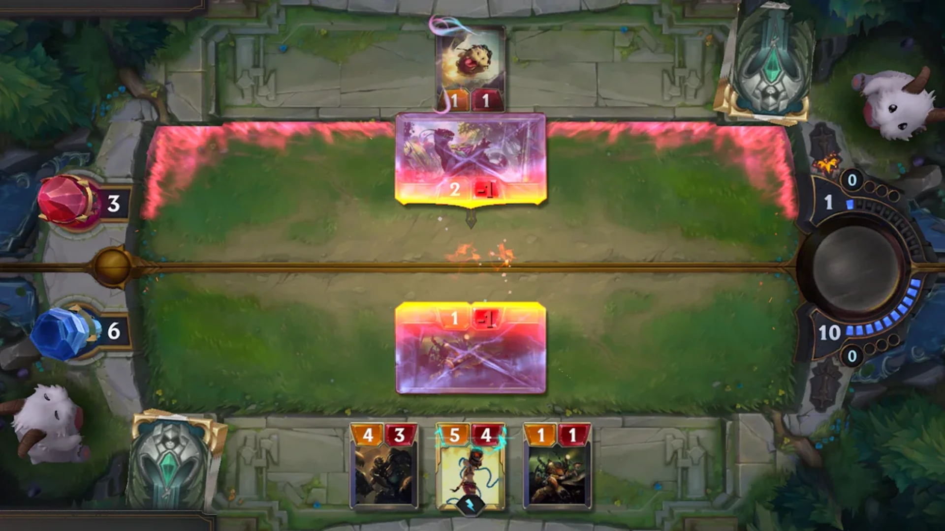 Legends of Runeterra match showing cards and units positioned across the game board